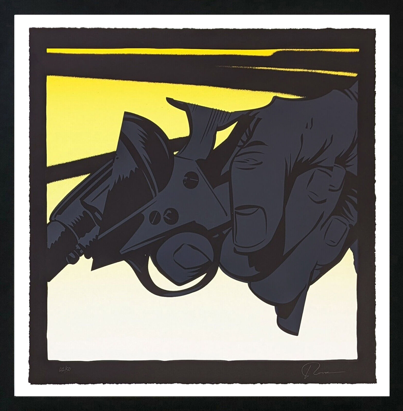 A black and yellow print of a man holding a gun.