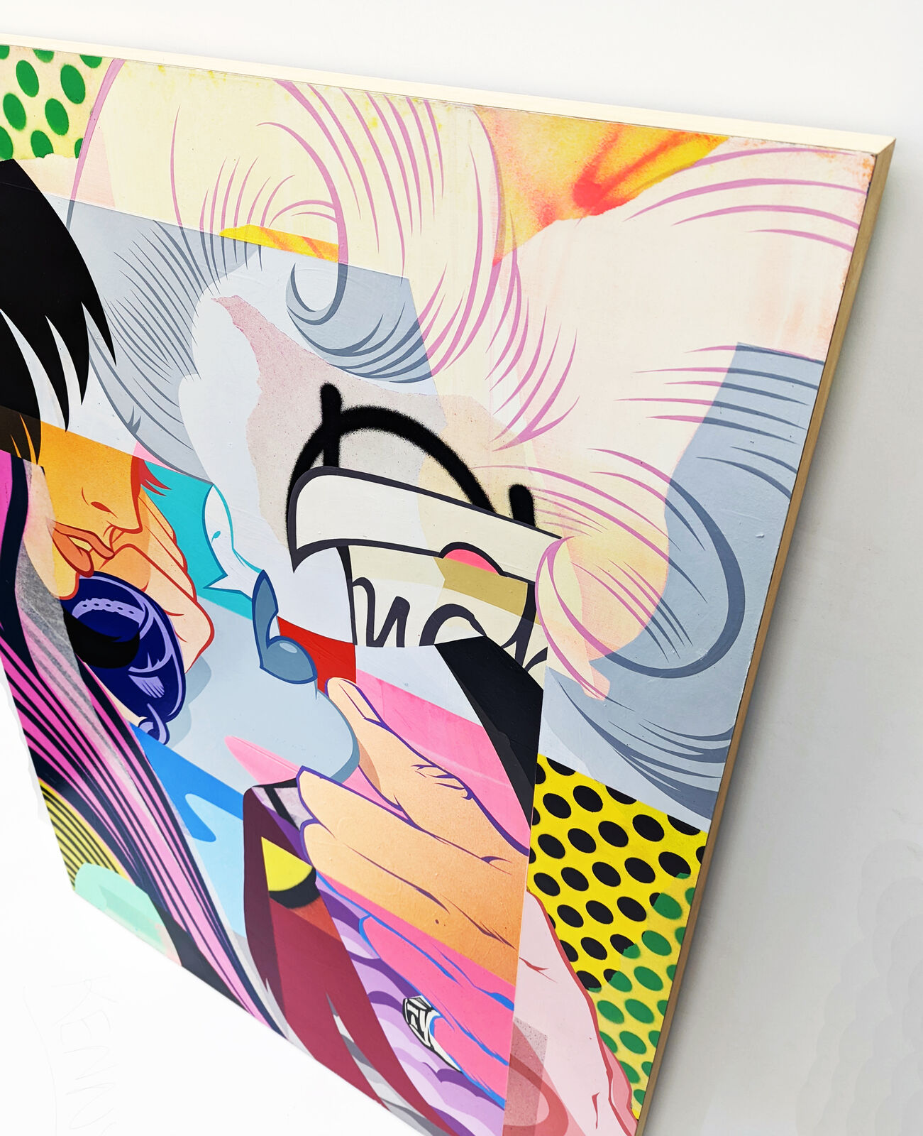 A painting of a woman with a cigarette in her mouth.