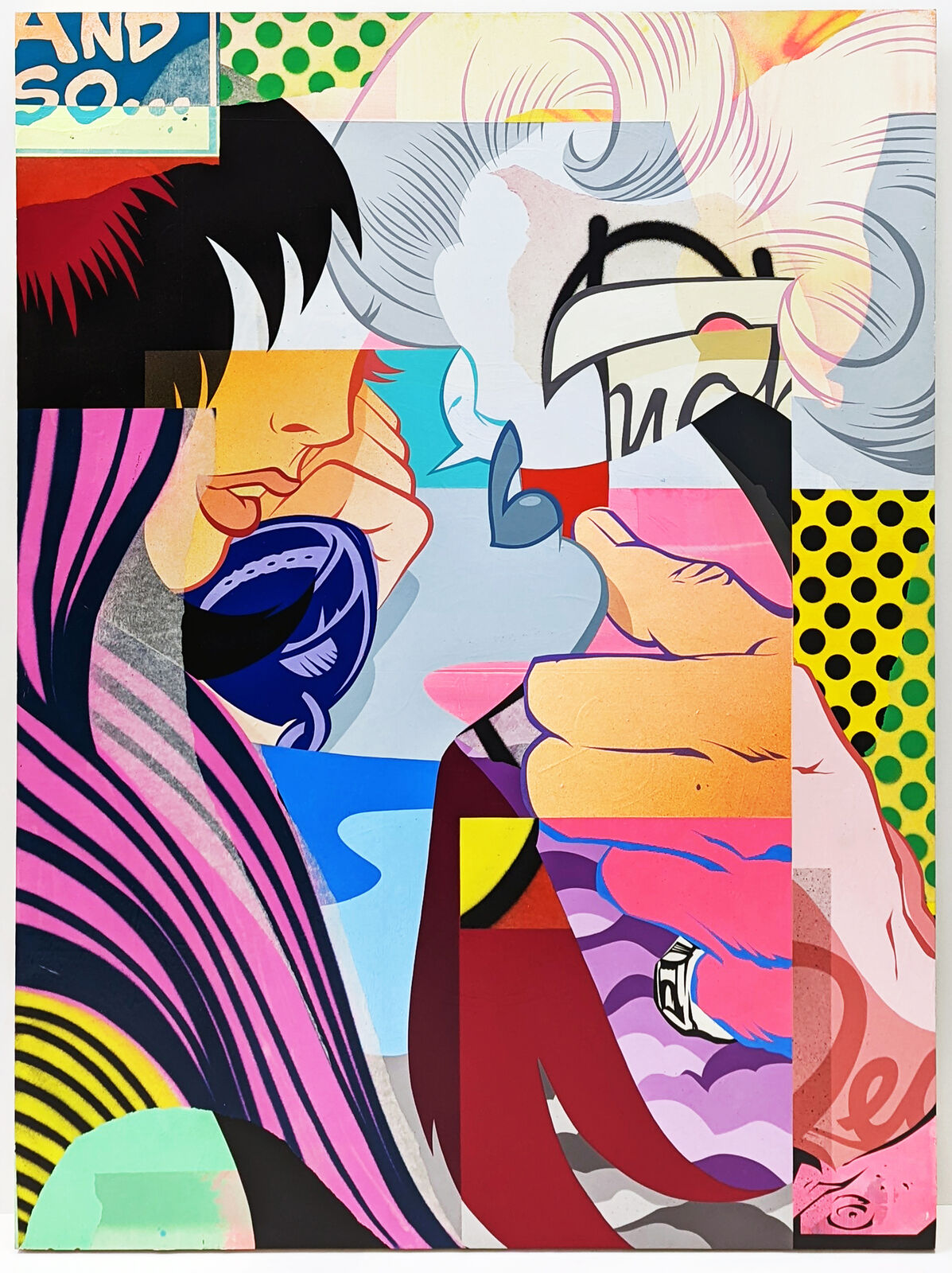 A painting of a woman with a cigarette in her mouth.