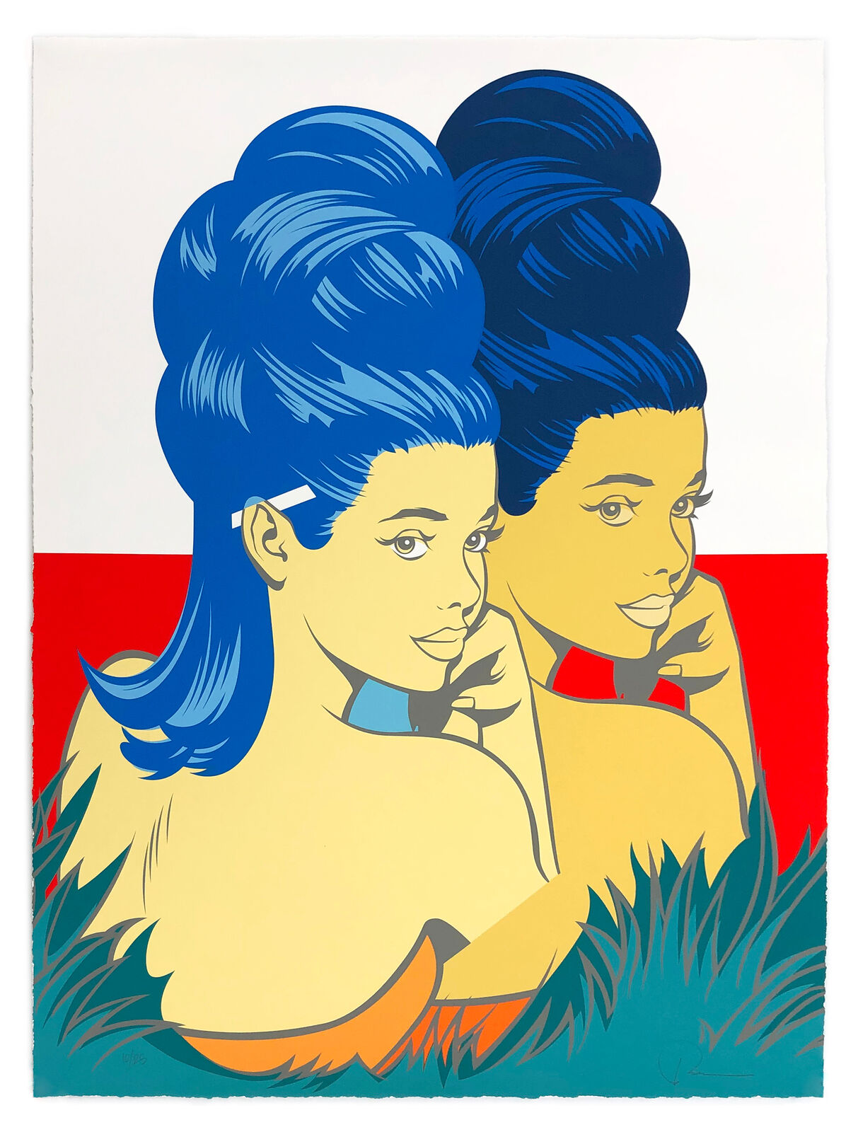 A painting of two women with blue hair on a red and white background.