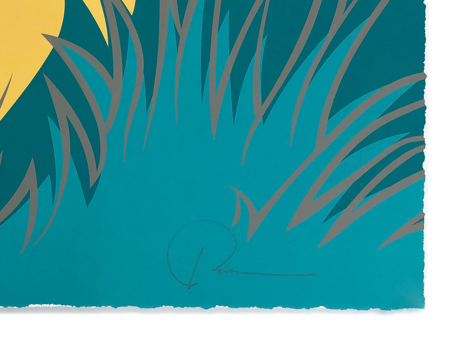 A painting of two women with blue hair on a red and white background.