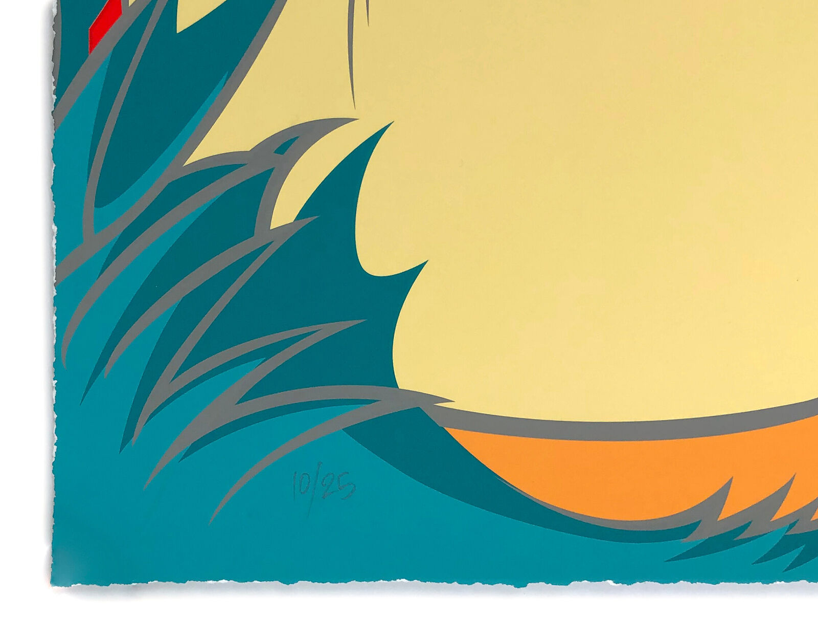 A painting of two women with blue hair on a red and white background.