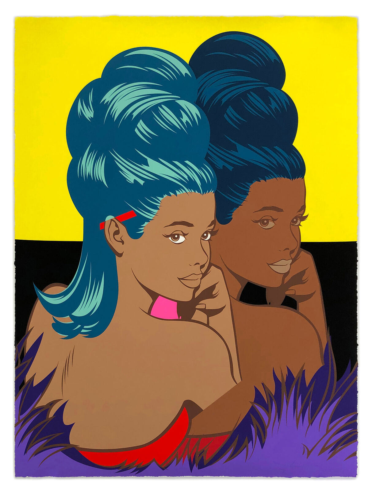 A painting of two women with blue hair. 
