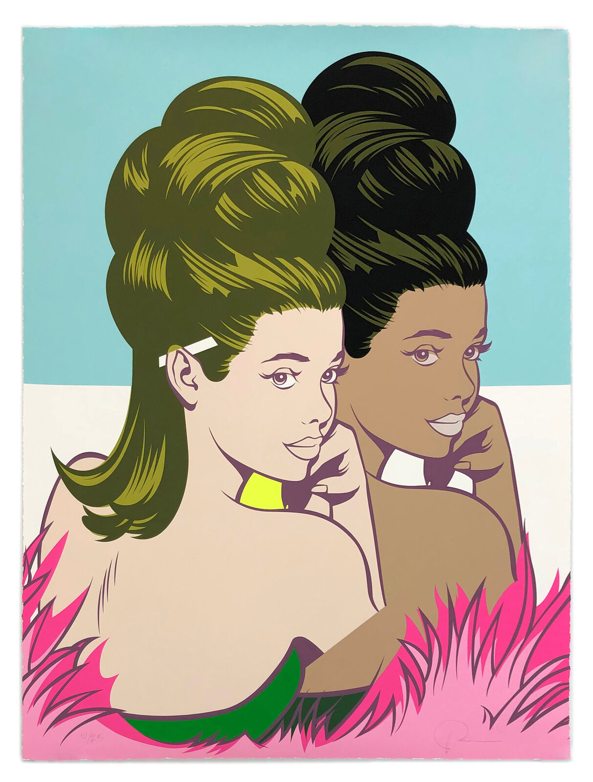 A painting of two women with their hair in a bun.