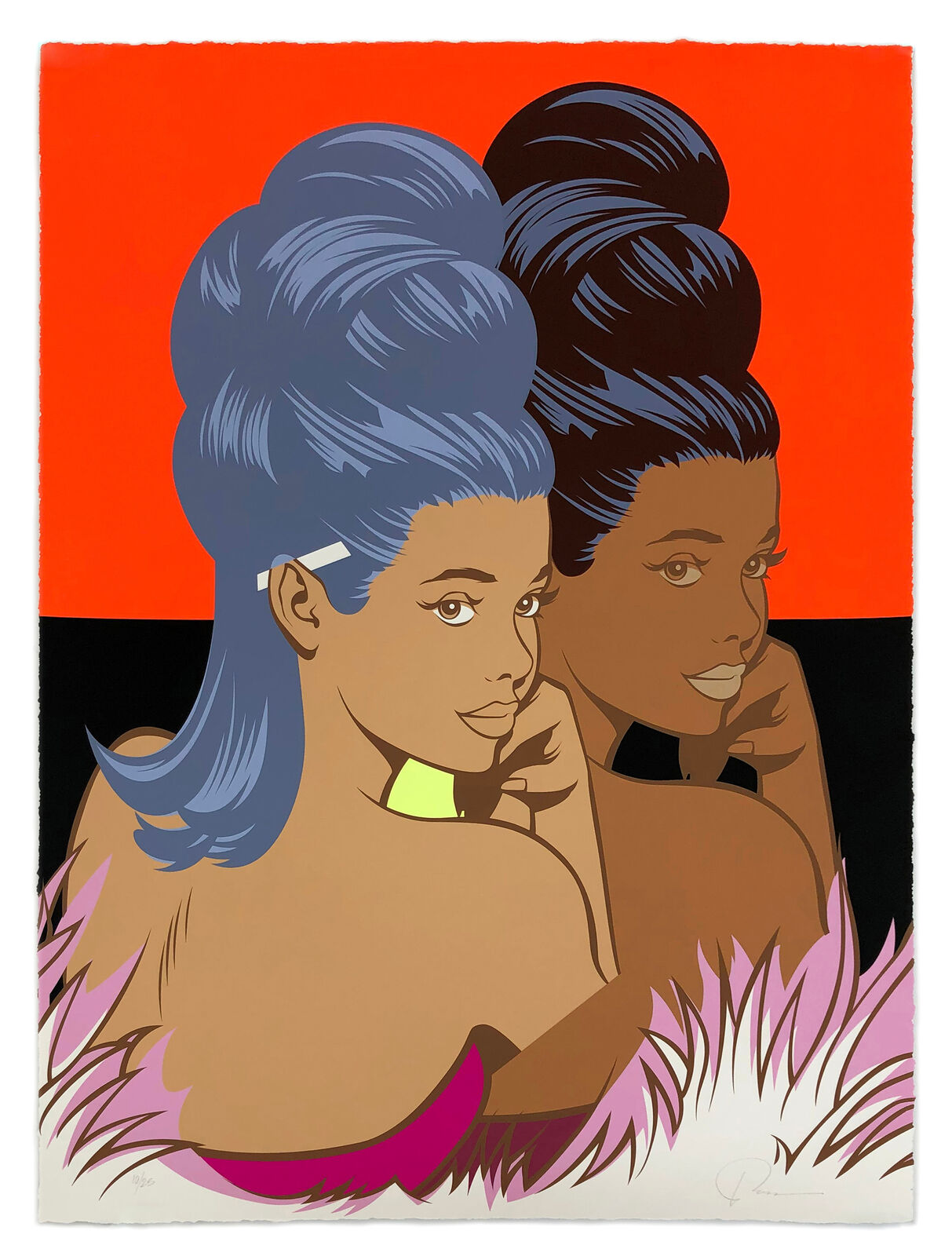 A painting of two women with blue hair. 