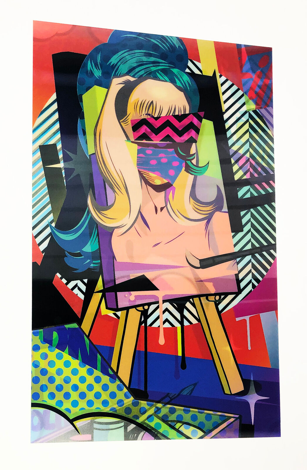 A painting of a woman sitting at a desk with a mask on.