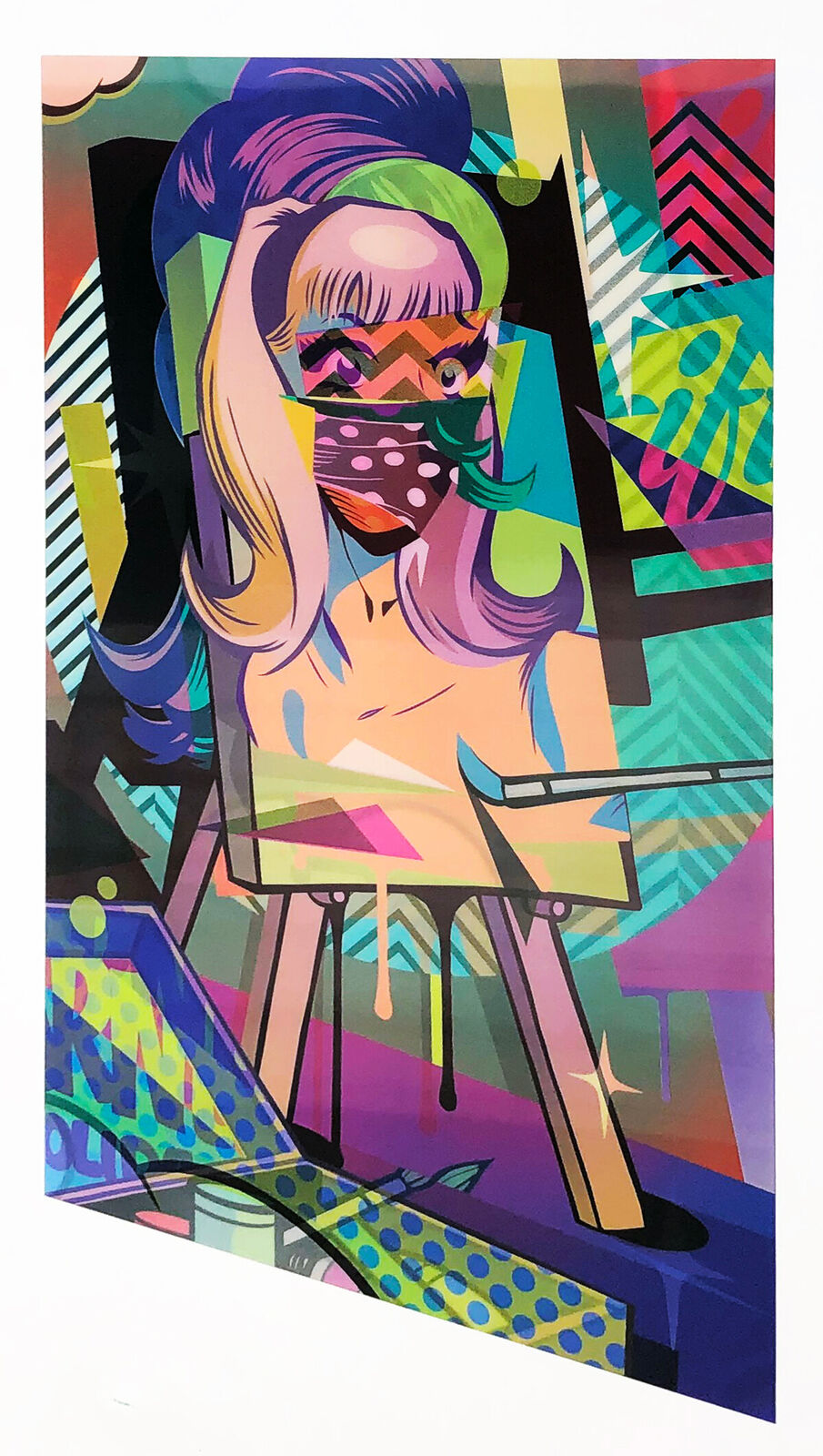 A painting of a woman sitting at a desk with a mask on.