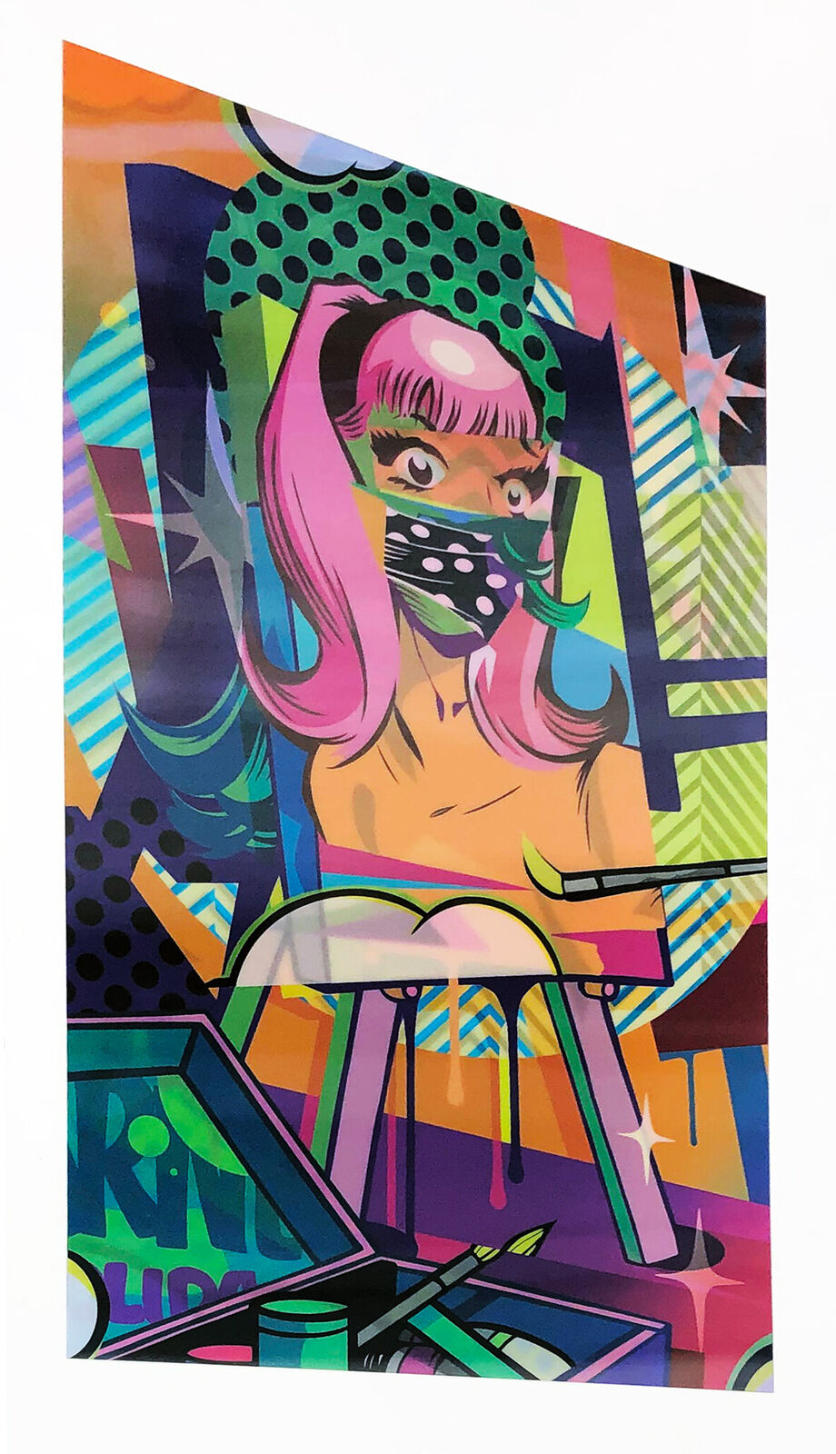 A painting of a woman sitting at a desk with a mask on.