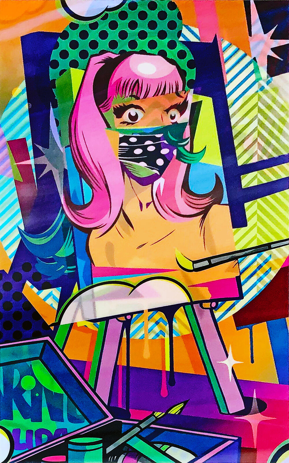 A painting of a woman sitting at a desk with a mask on.