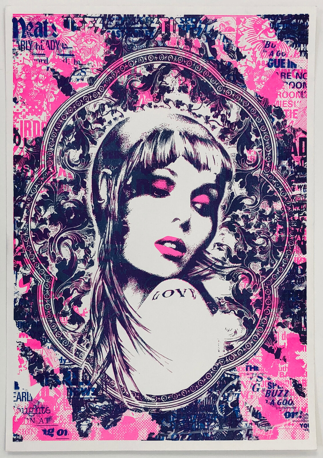 A stylized portrait of a figure with pink accents set against a collage background.