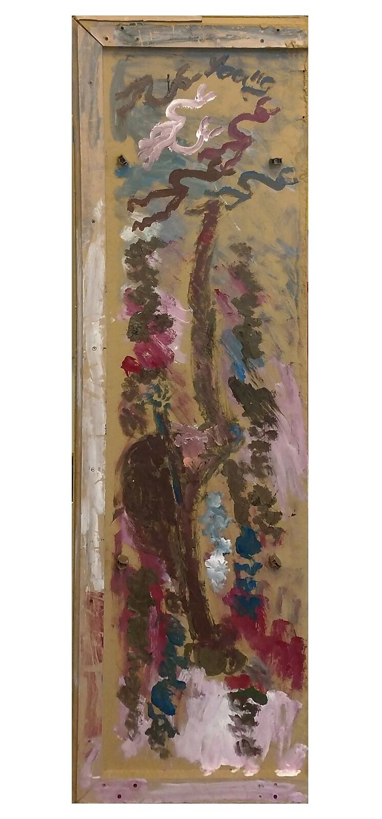 A vertical abstract painting featuring a central tree-like form surrounded by vibrant, expressive brushstrokes.