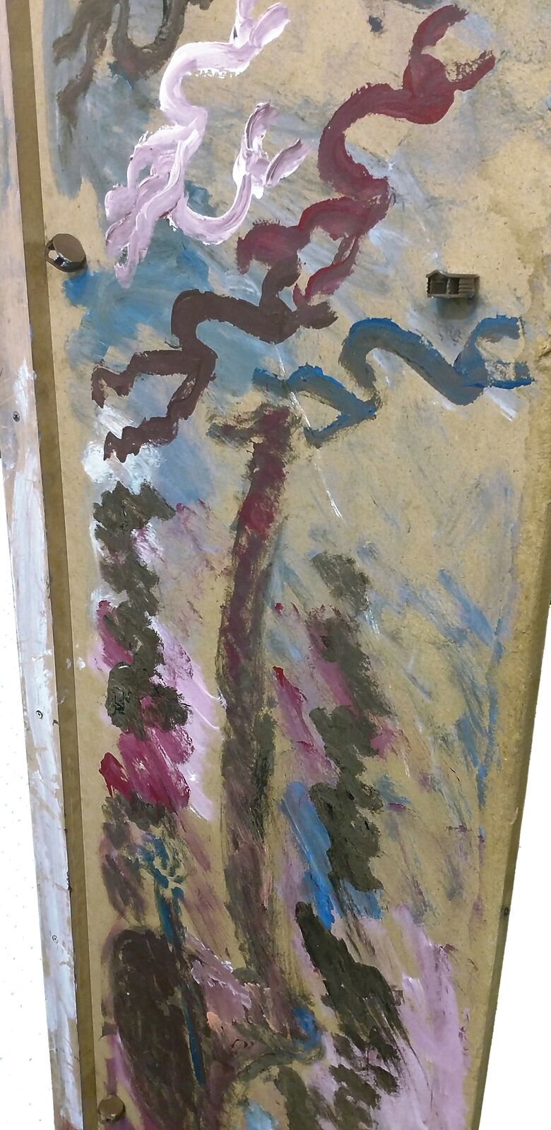 A vertical abstract painting featuring a central tree-like form surrounded by vibrant, expressive brushstrokes.