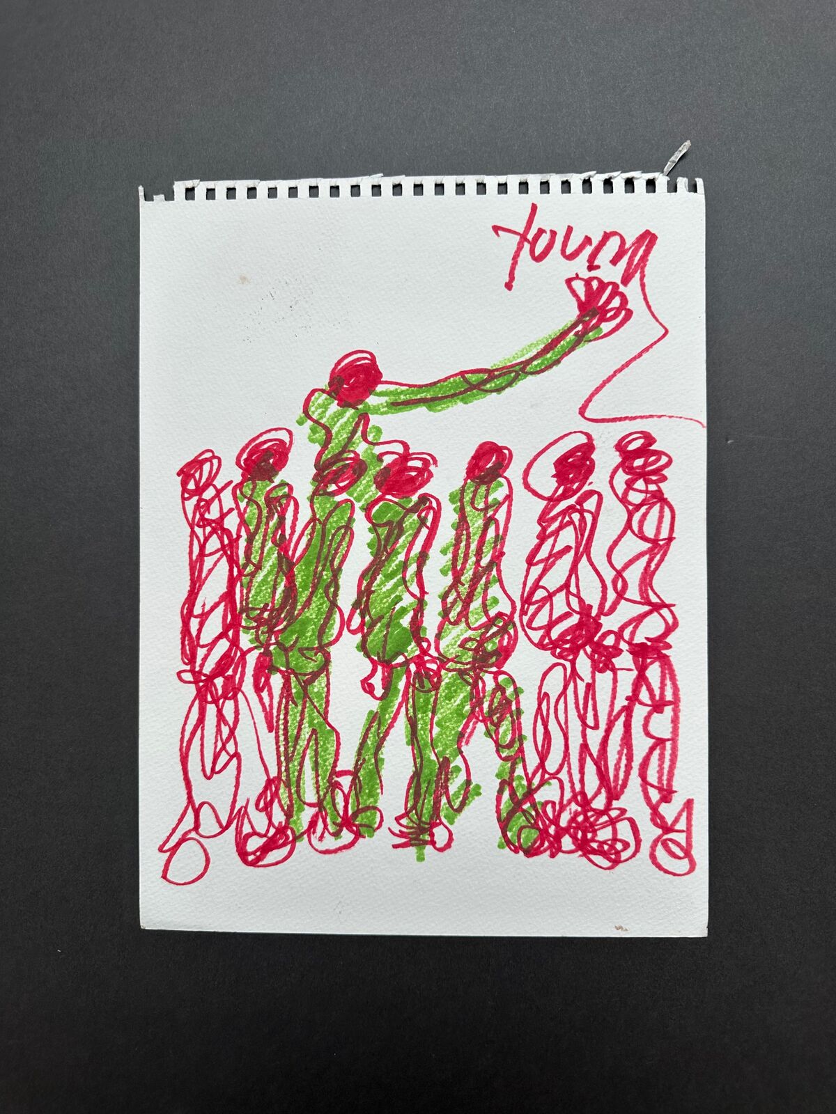 A drawing of a group of people holding hands in the air.