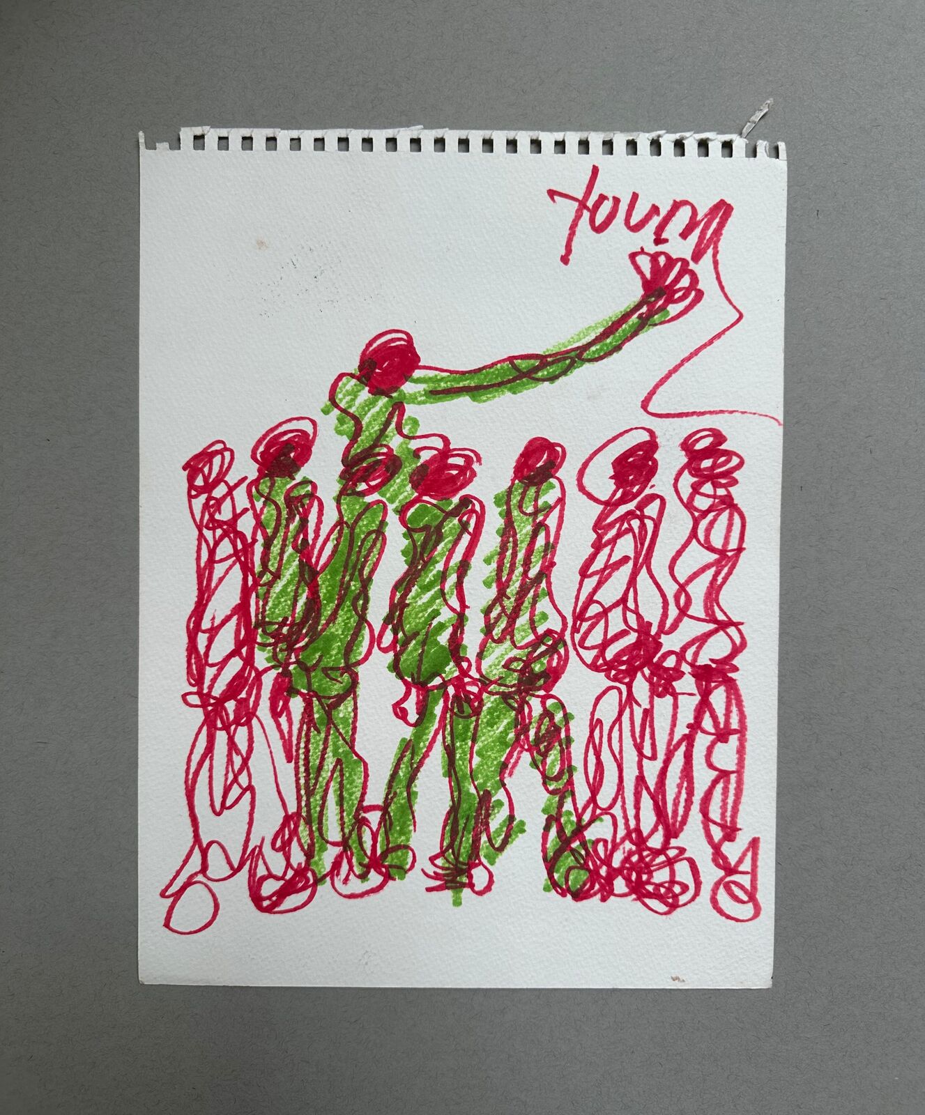 A drawing of a group of people holding hands in the air.