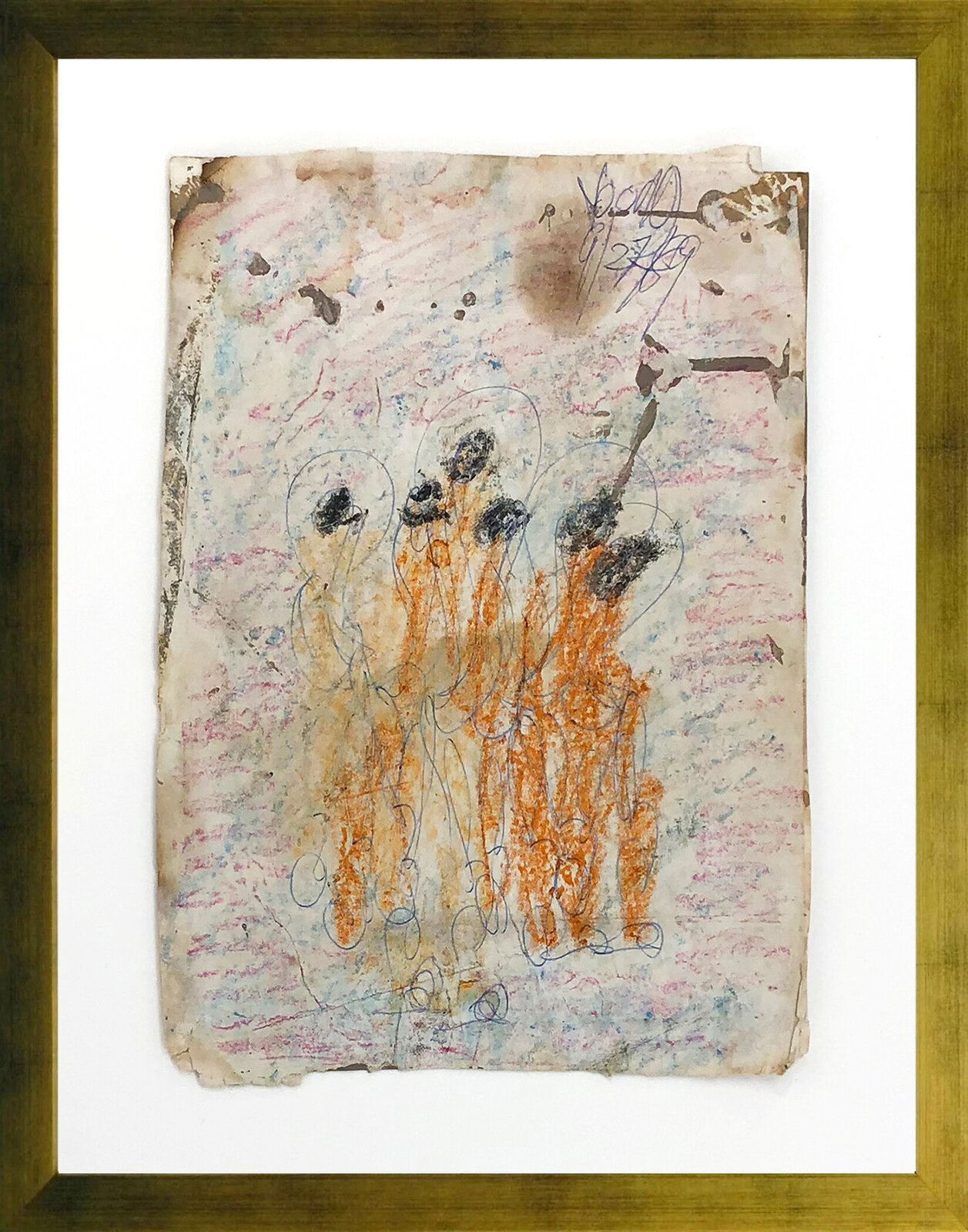 A raw, textured abstract drawing on aged paper featuring orange vertical strokes and dark circular marks.