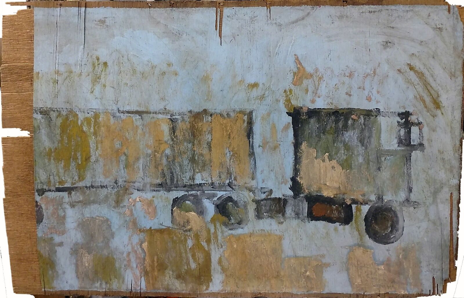 A painting of a truck on a piece of wood.