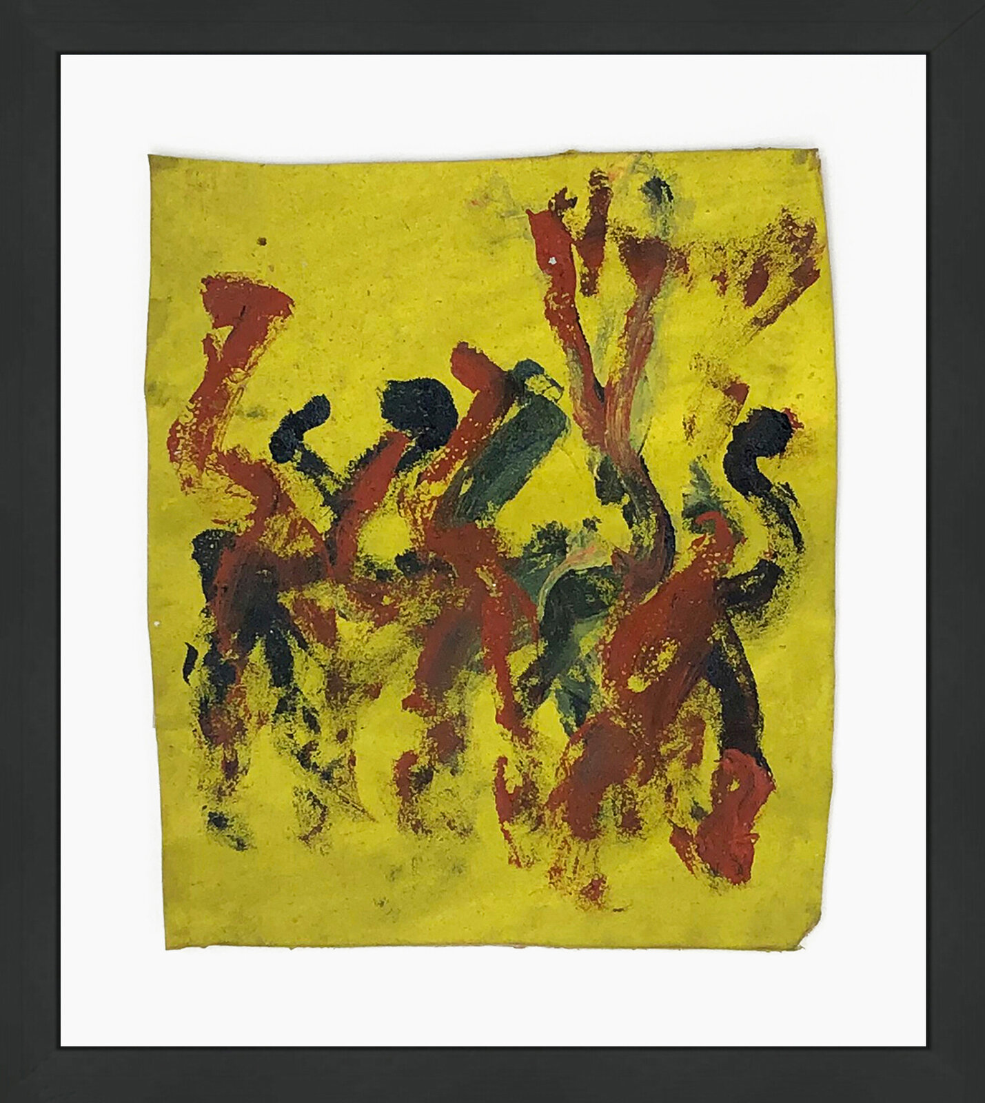 A painting of a group of people dancing on a yellow background.