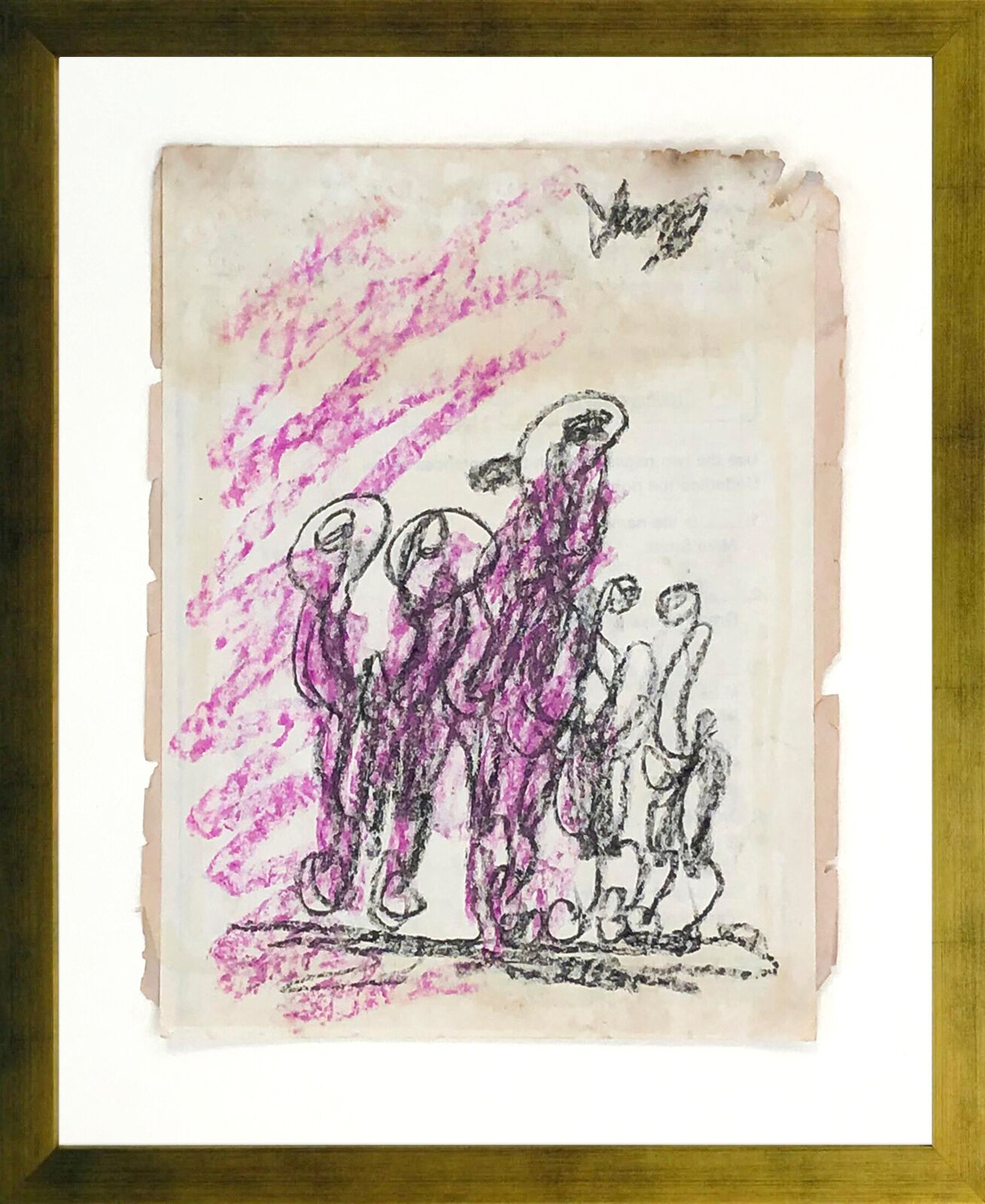 A drawing of a group of people standing in a line.