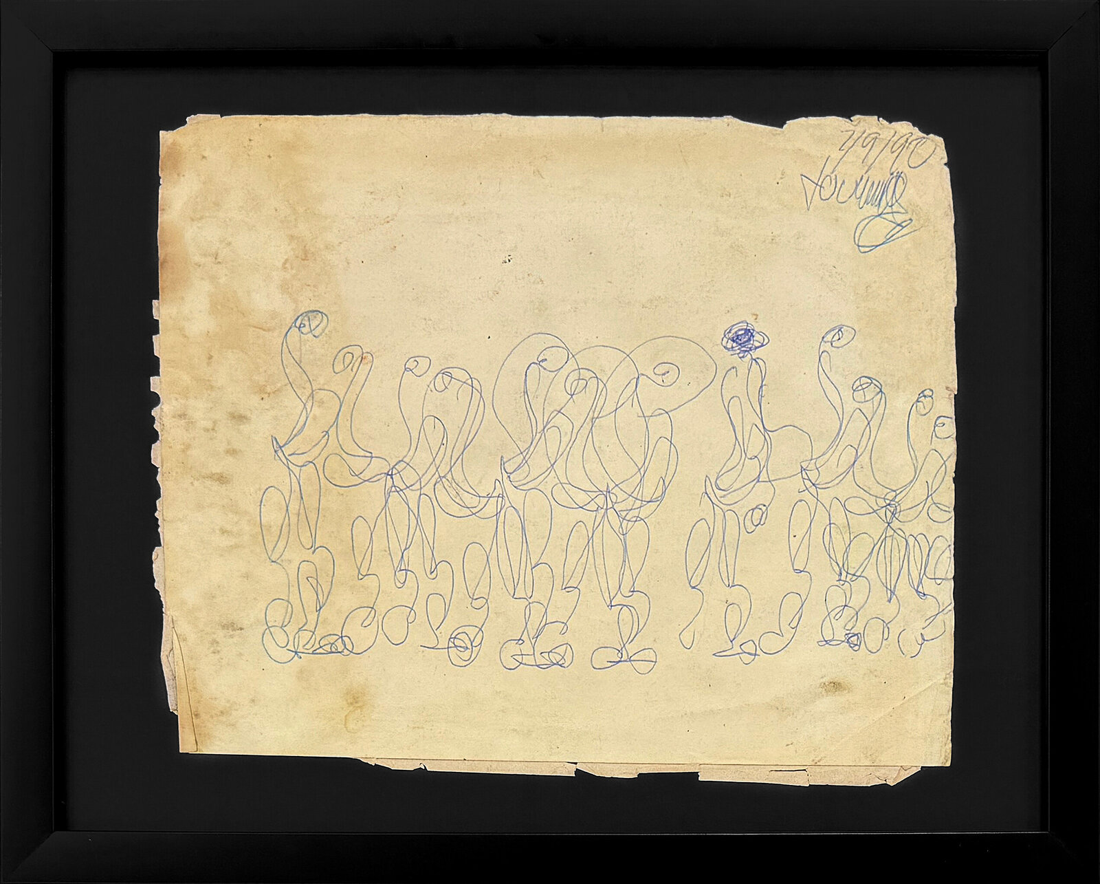 A framed sketch of a crowd rendered in blue ink on aged paper.