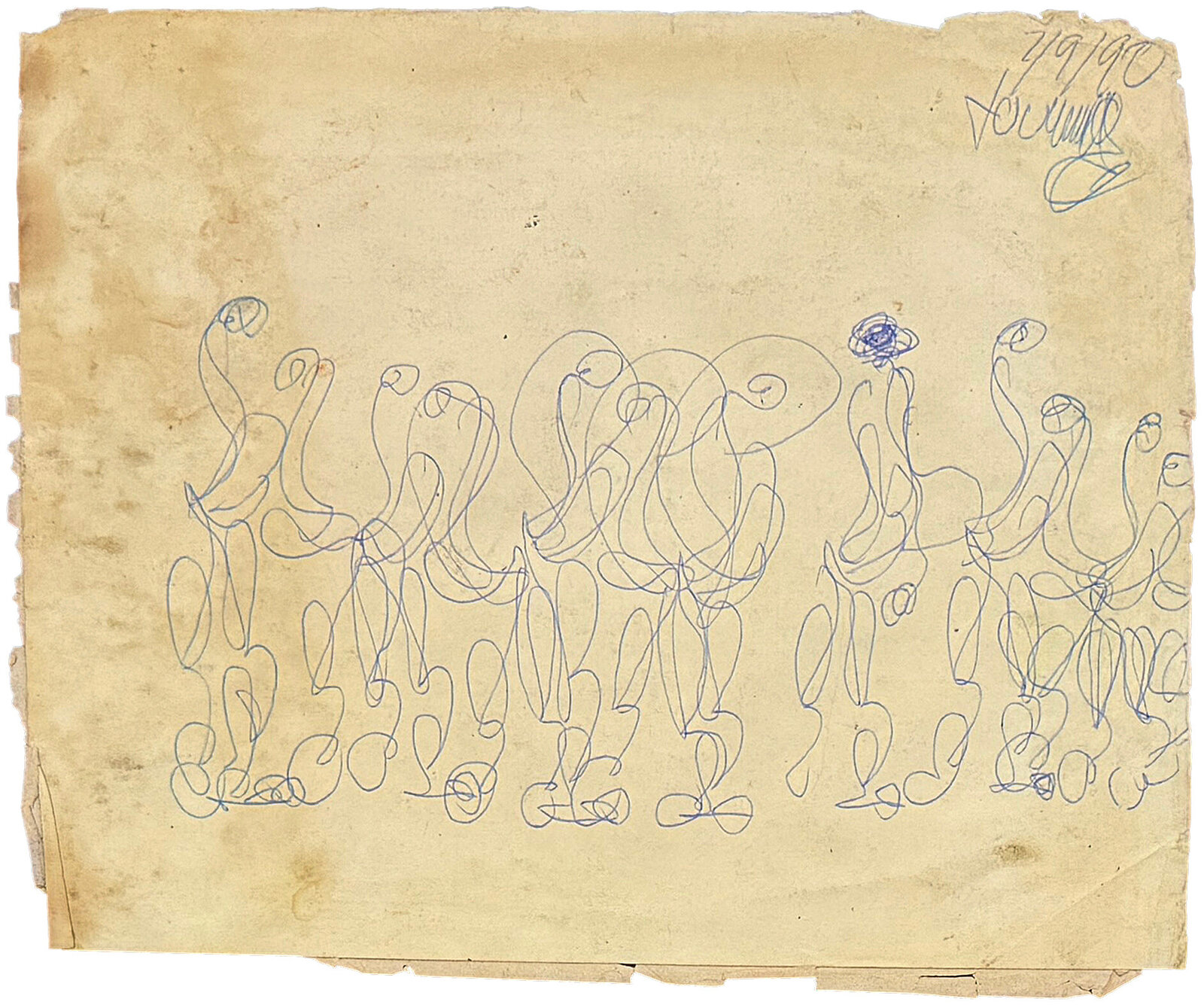 A framed sketch of a crowd rendered in blue ink on aged paper.