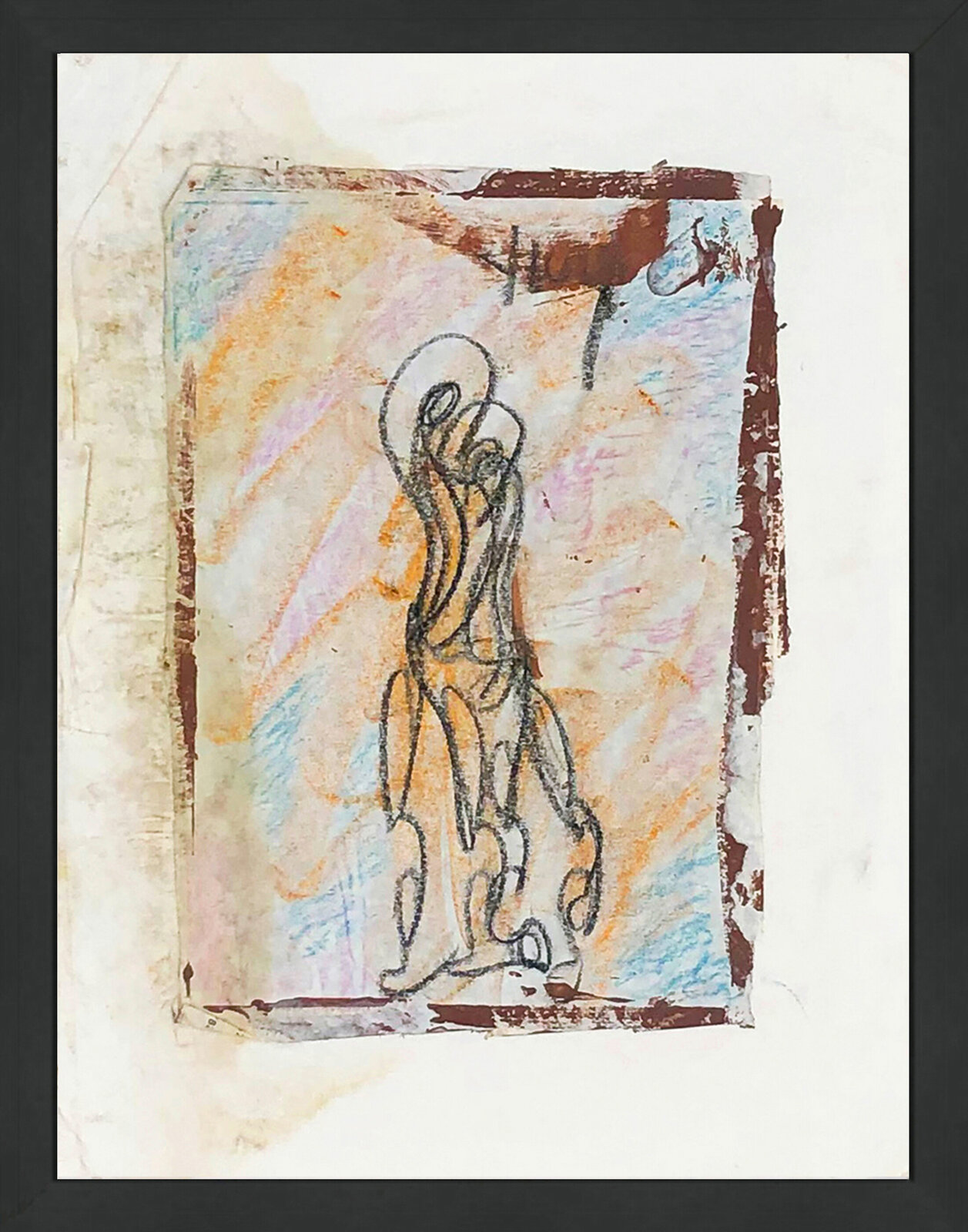 A drawing of a woman standing in front of a window.