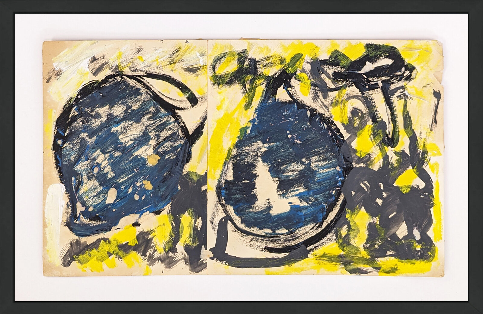 A painting of two blue and yellow vases on a table.