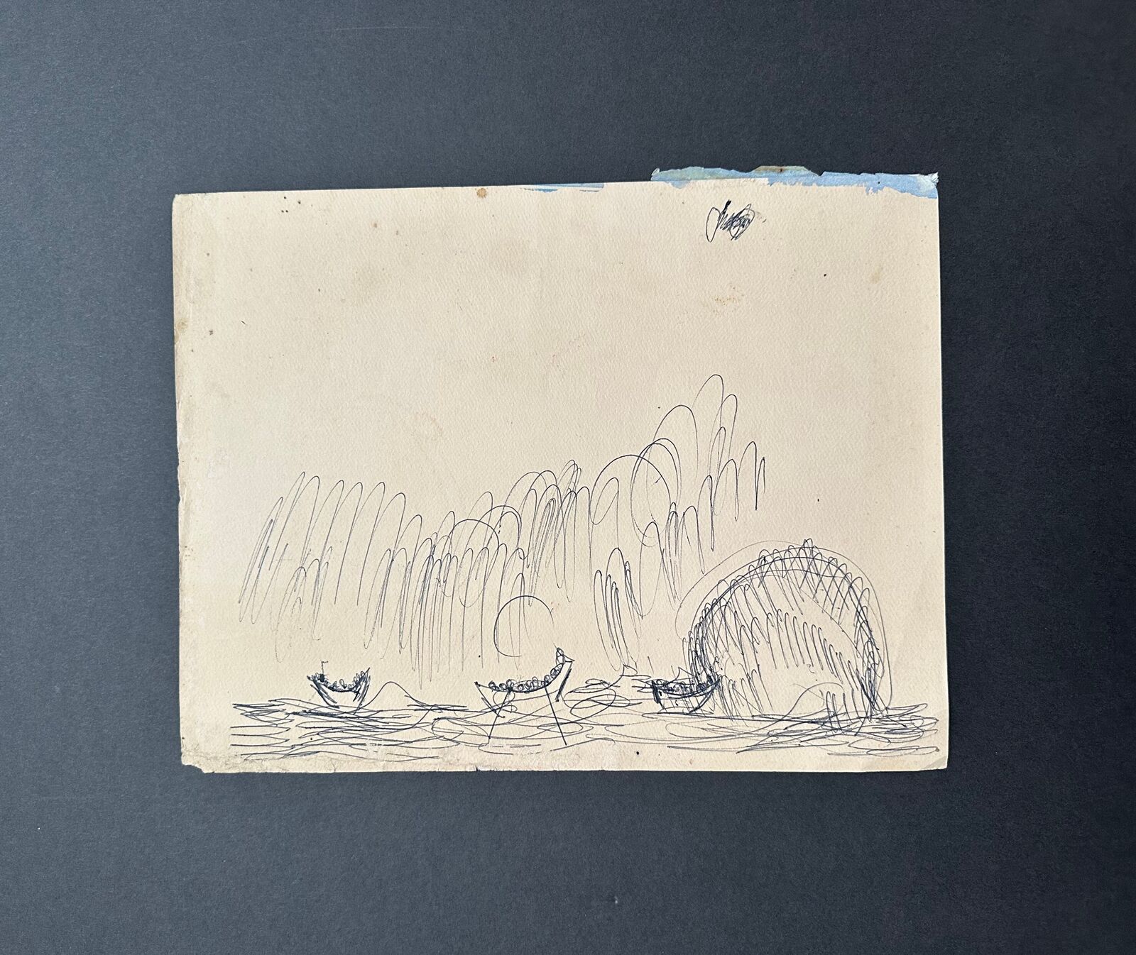 Artwork by Purvis Young, Untitled drawing of boats in the ocean, Made of Ink on paper sign 