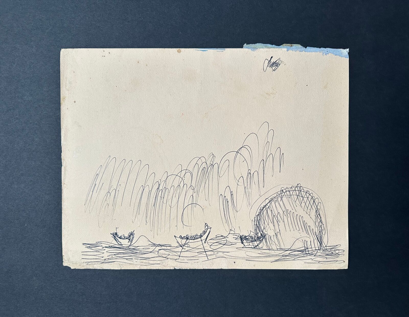 Artwork by Purvis Young, Untitled drawing of boats in the ocean, Made of Ink on paper sign 