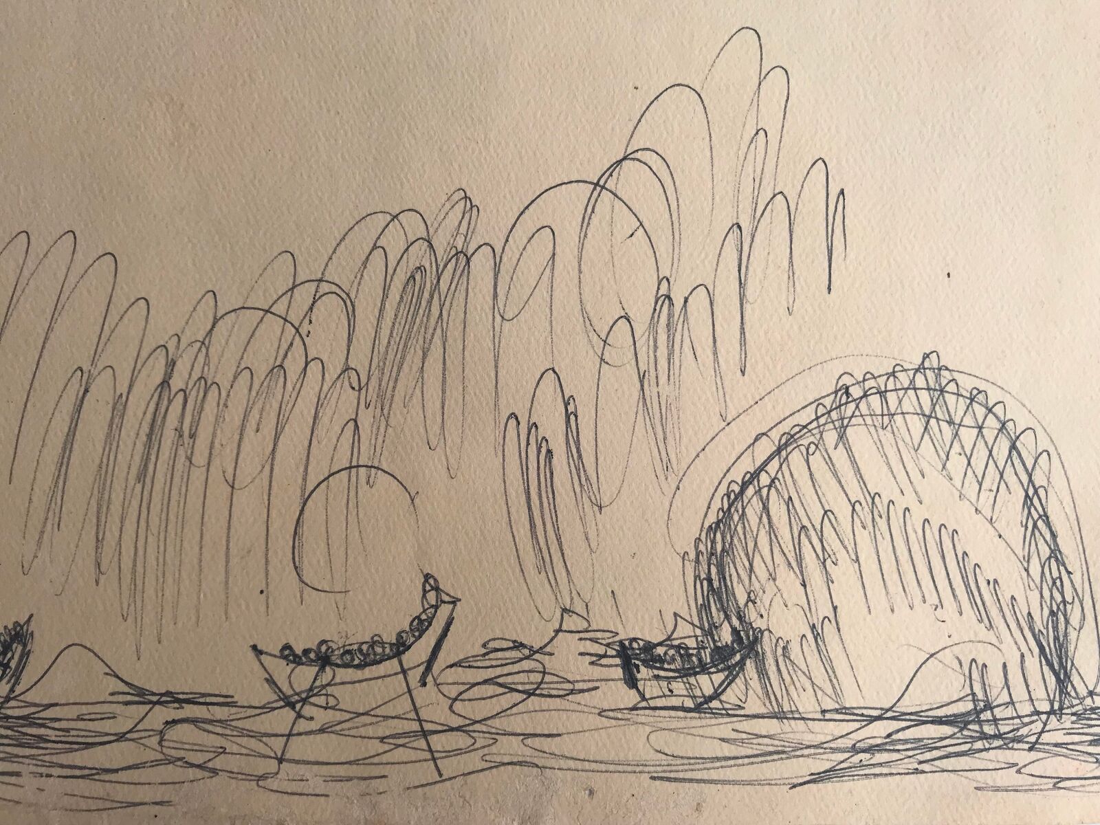 Artwork by Purvis Young, Untitled drawing of boats in the ocean, Made of Ink on paper sign 