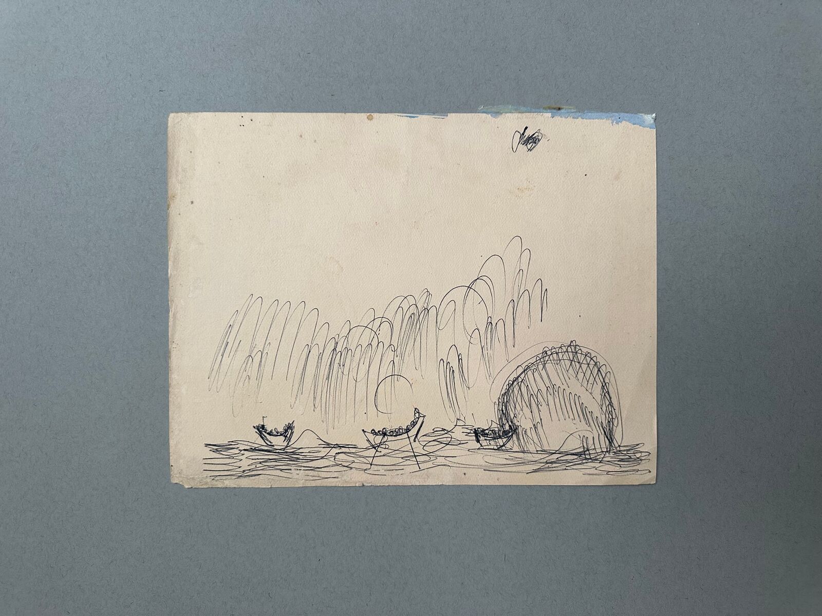 Untitled drawing of boats in the ocean by Purvis Young, circa 1980s