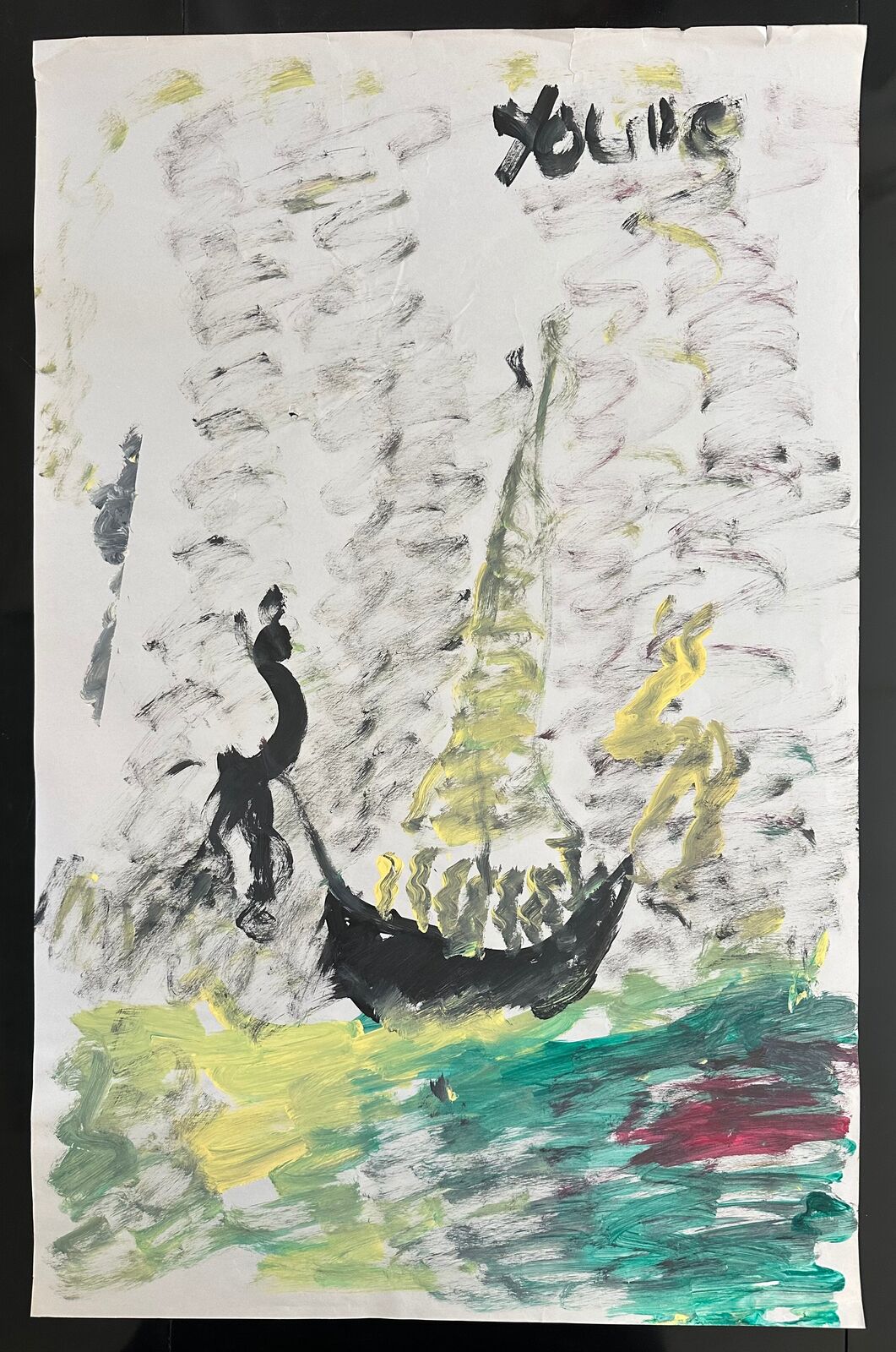 Artwork by Purvis Young, Untitled painting of boat on water, Made of Paint on newsprint 