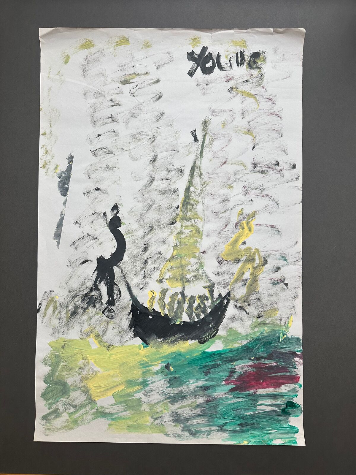 Untitled painting of boat on water by Purvis Young, circa 1990s