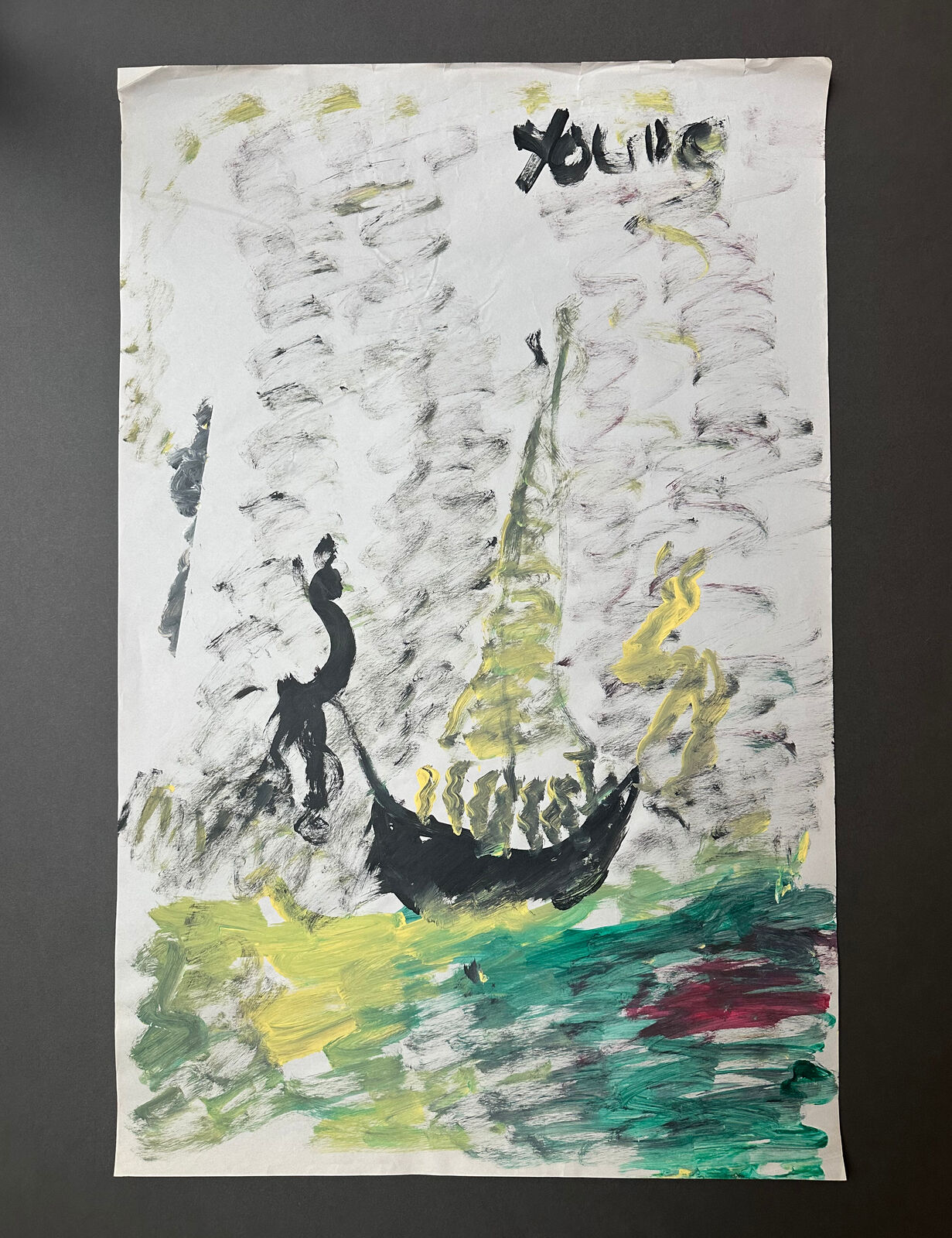 Artwork by Purvis Young, Untitled painting of boat on water, Made of Paint on newsprint 