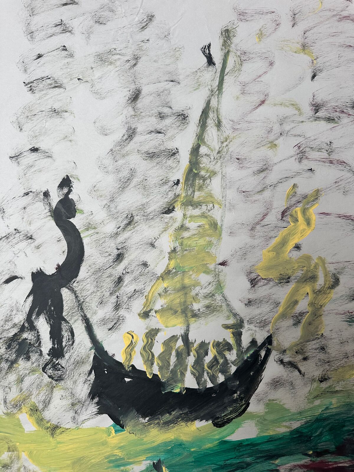 Artwork by Purvis Young, Untitled painting of boat on water, Made of Paint on newsprint 