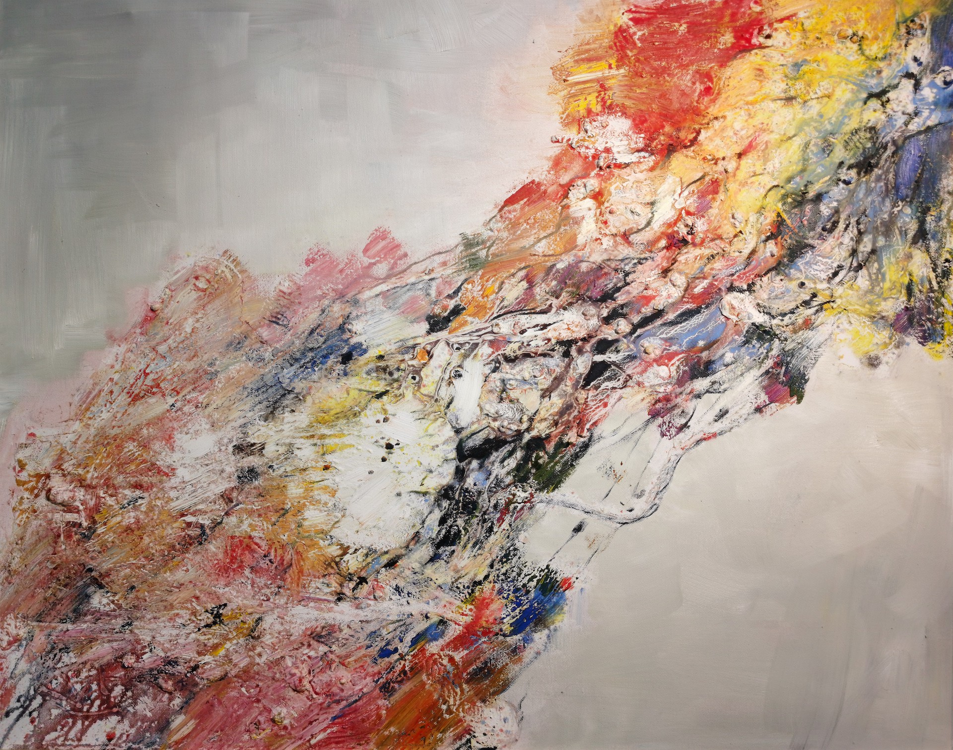 An abstract expressionist painting featuring a dynamic diagonal composition of thick impasto paint.