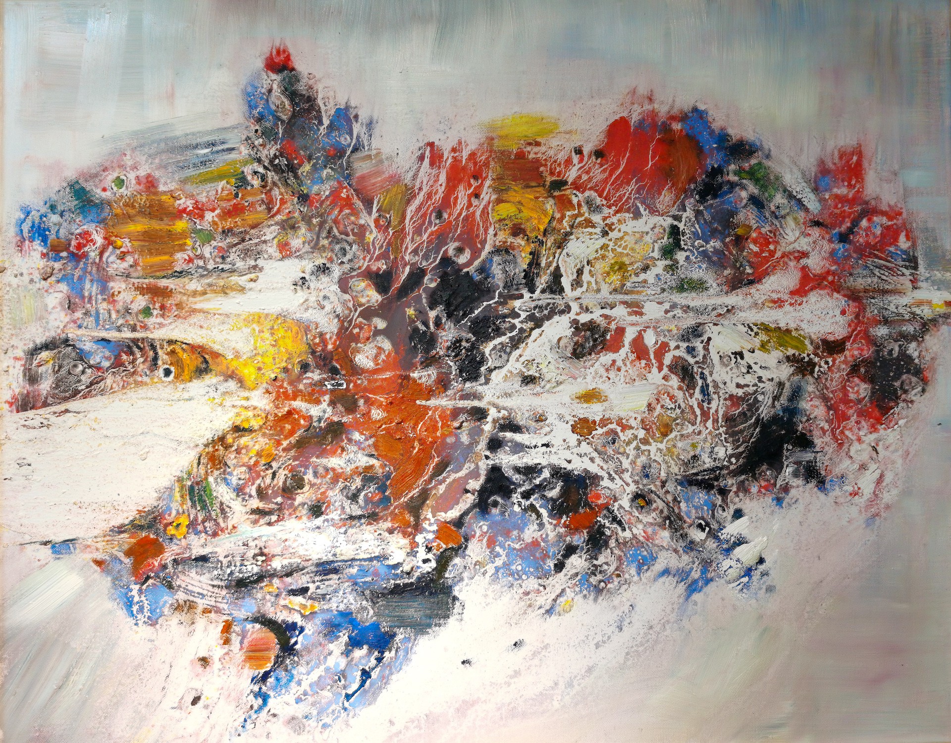 A dynamic abstract expressionist painting featuring a chaotic explosion of thick impasto paint.