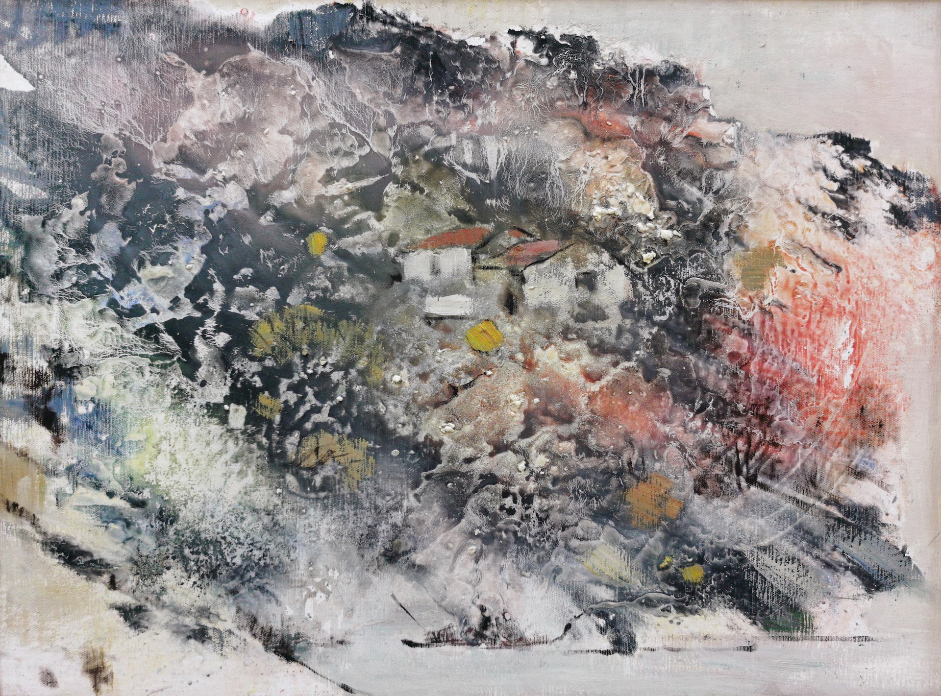 An abstract landscape painting featuring a textured, mountainous scene with indistinct buildings nestled in a rugged terrain.