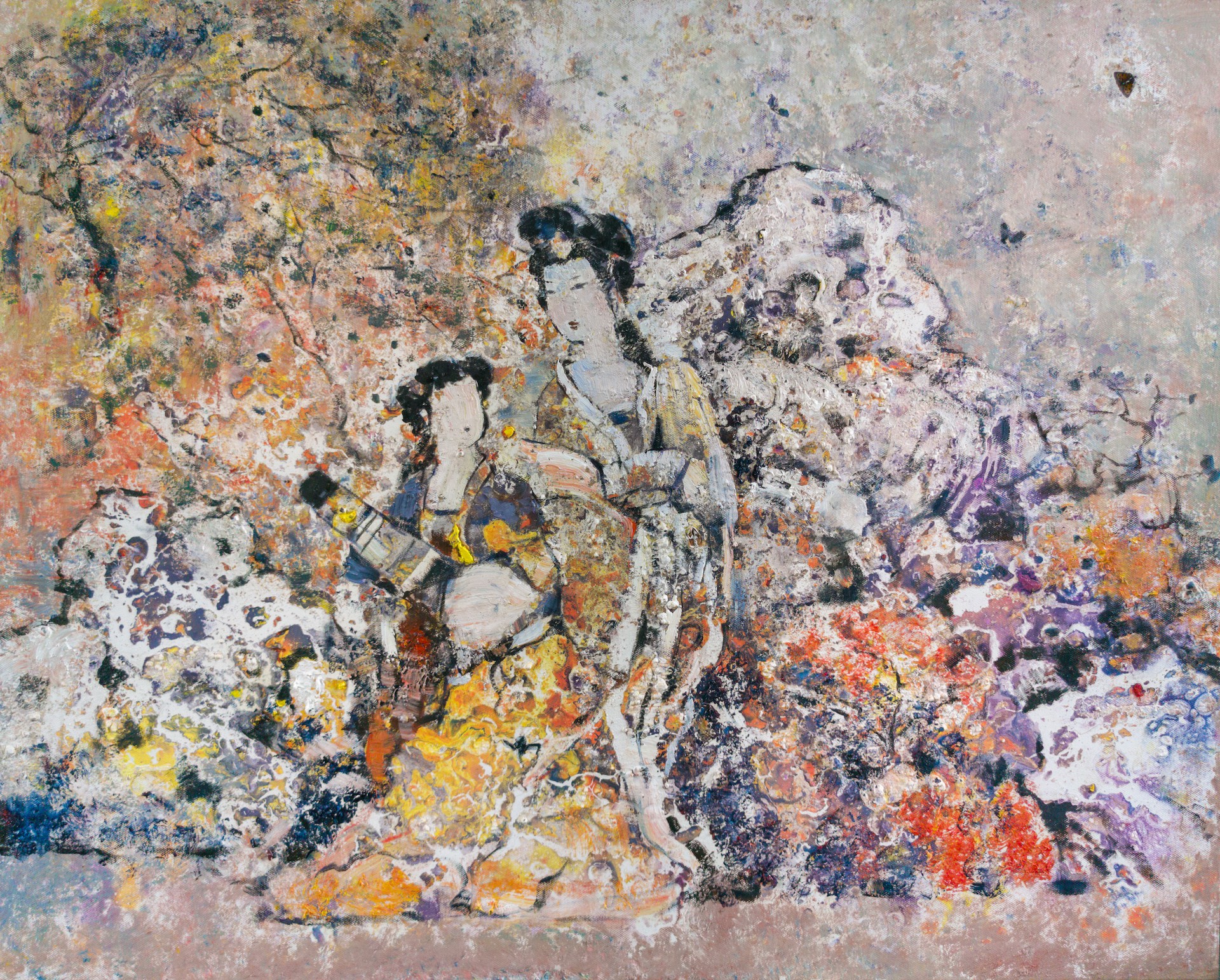 A textured oil painting of two figures in traditional robes amidst a vibrant, abstracted landscape.