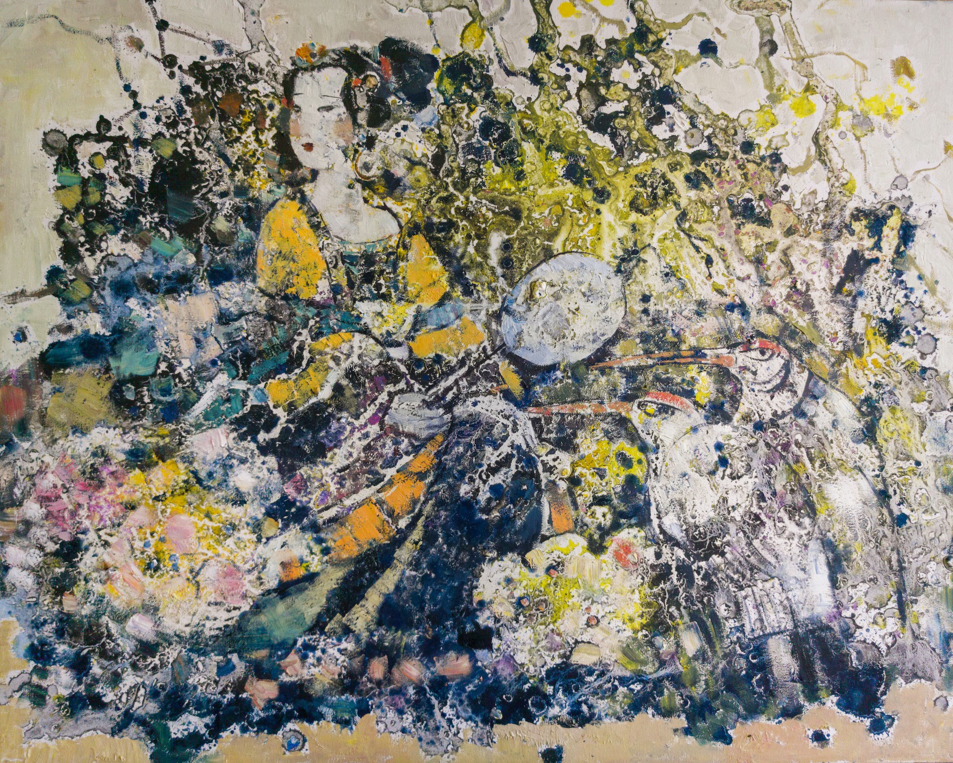 A textured, abstract painting of a figure in yellow amidst chaotic splashes of color.