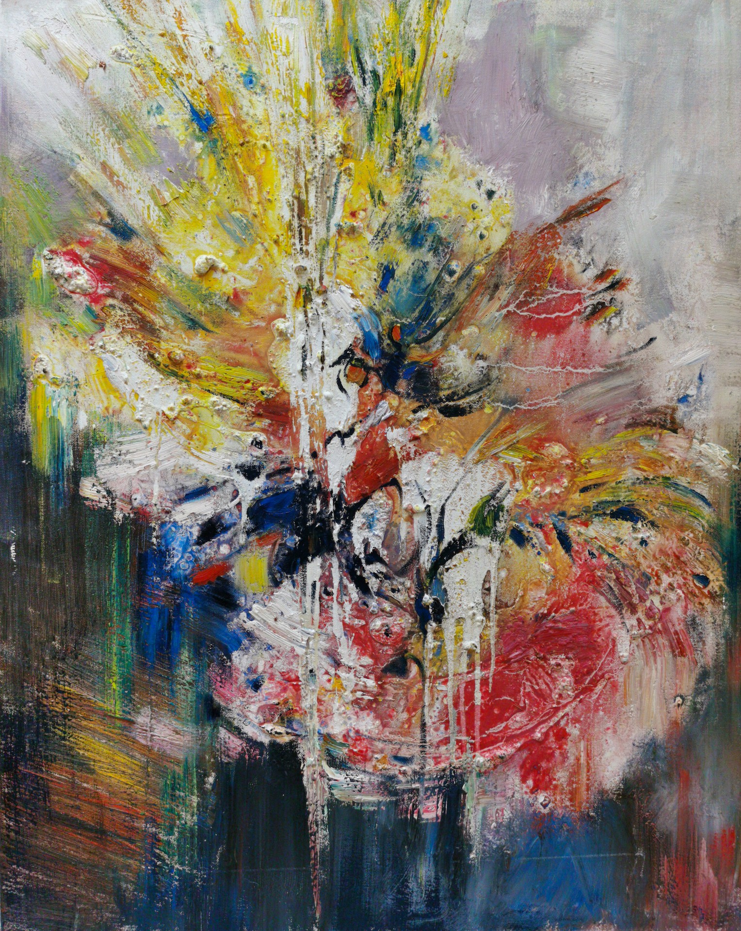 A dynamic abstract painting featuring a central face-like form exploding with vibrant, explosive colors.