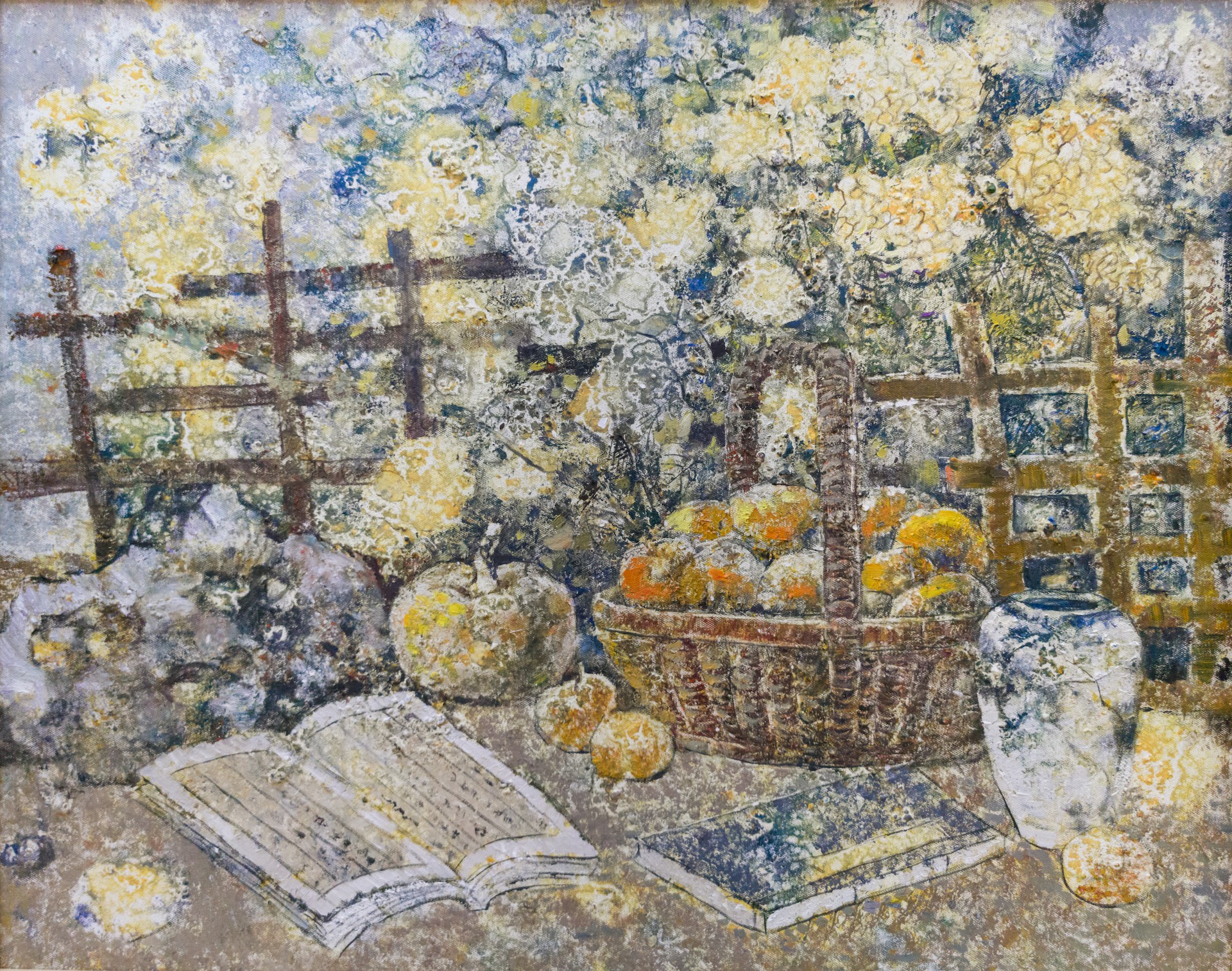 A rustic still life featuring a basket of fruit, an open book, and a ceramic vase set against a textured background.