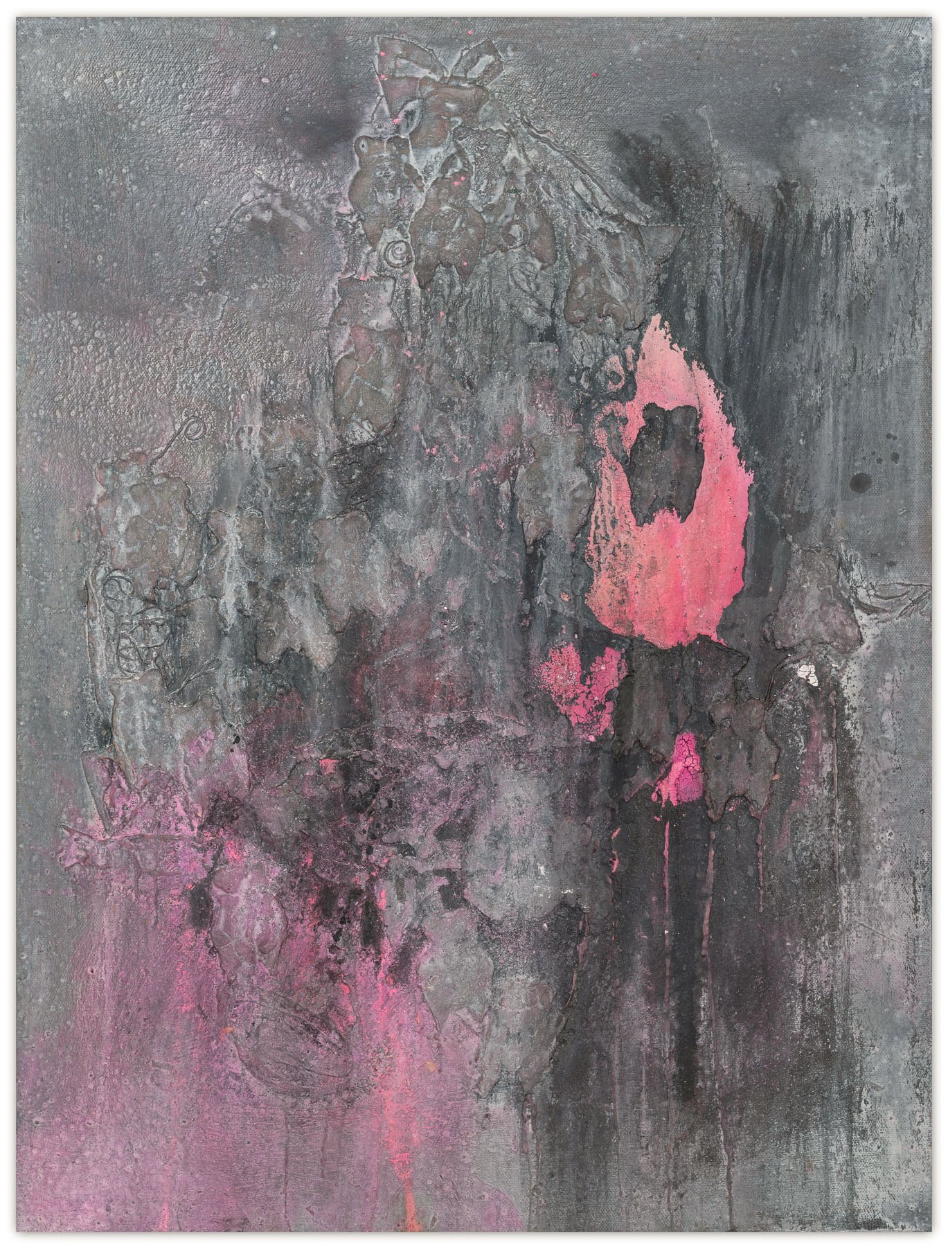 A painting with pink and black paint on a gray background.