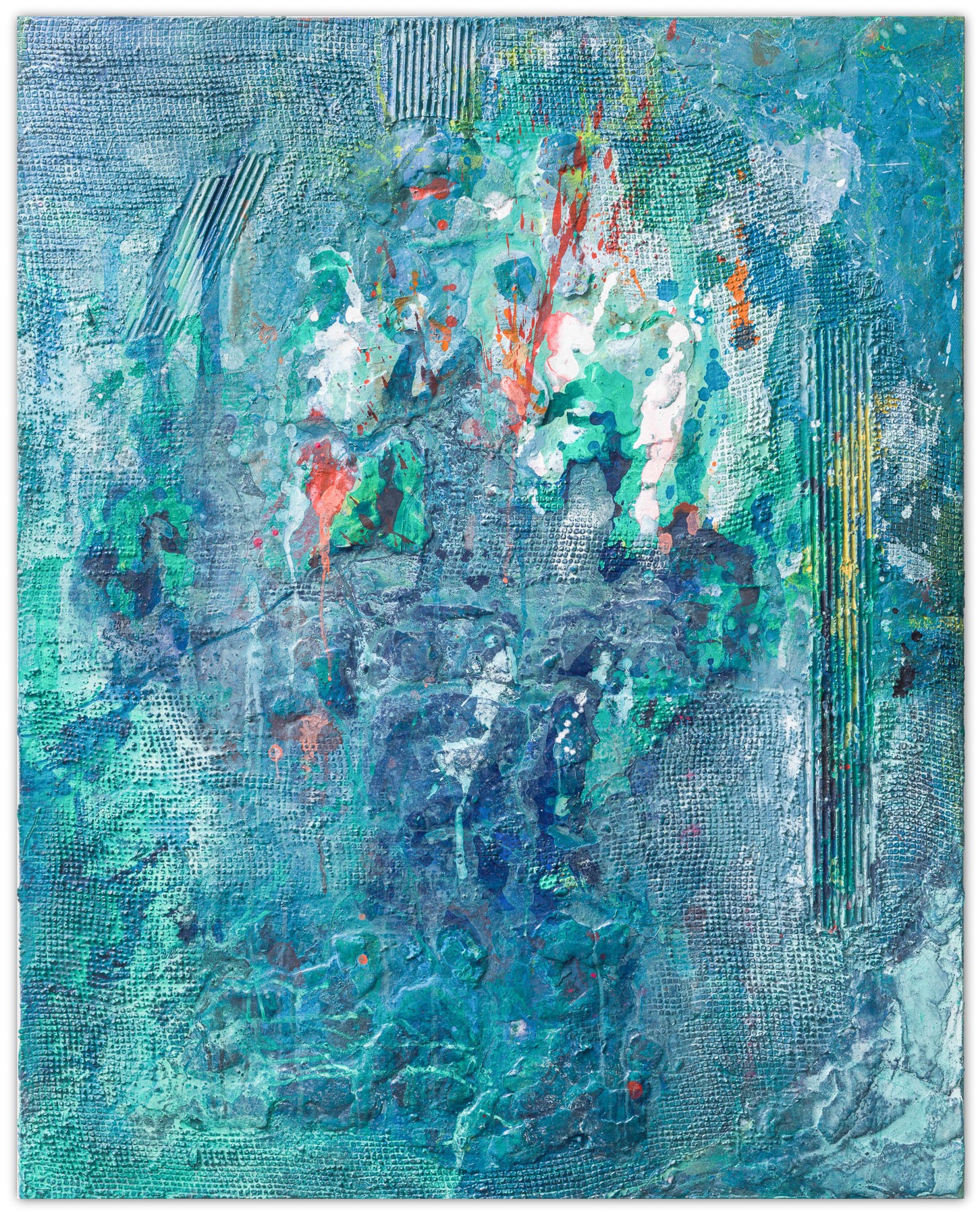 A painting of a blue and green abstract painting on a white background.
