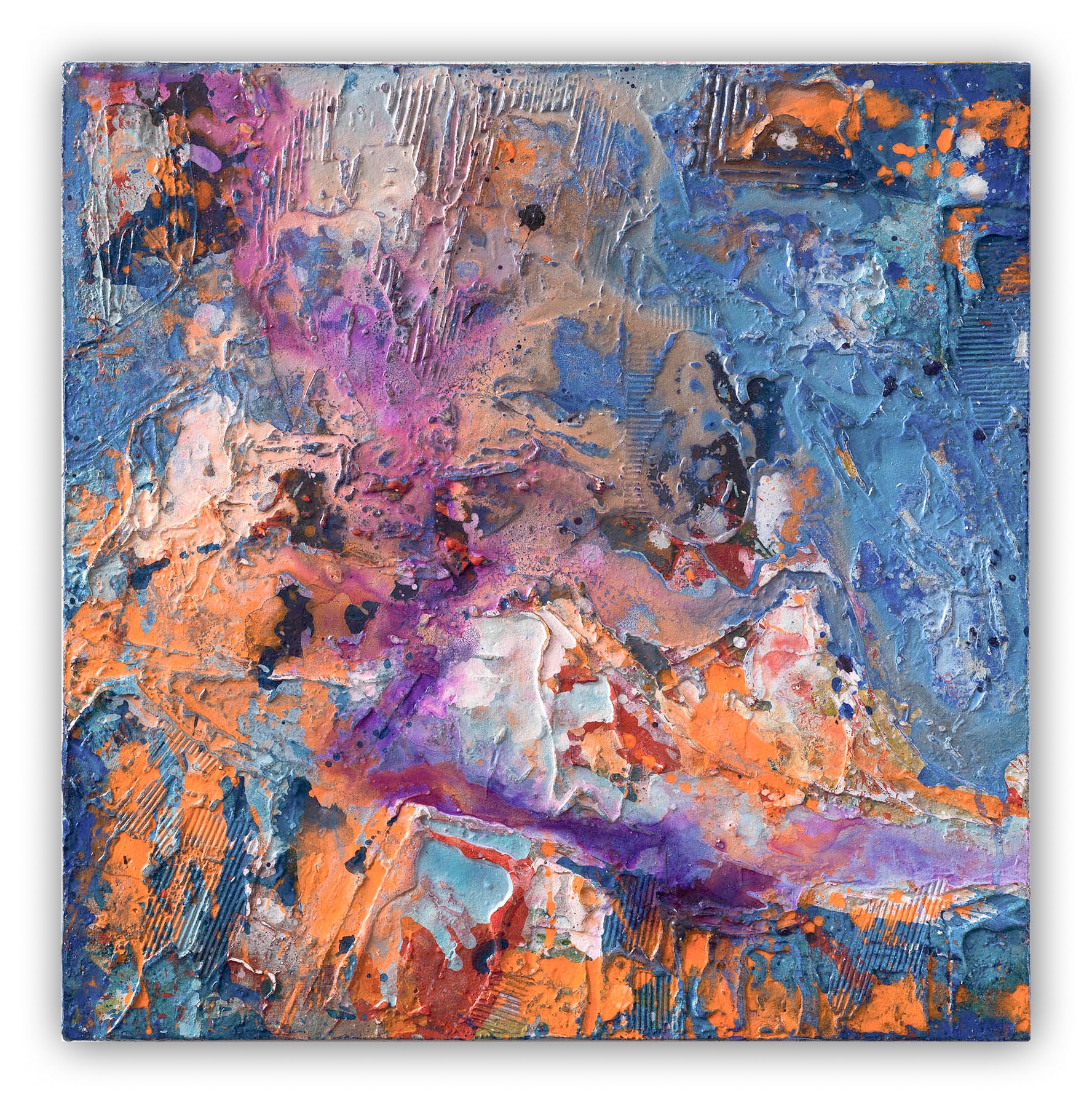 A painting of a blue and orange abstract painting on a white background.
