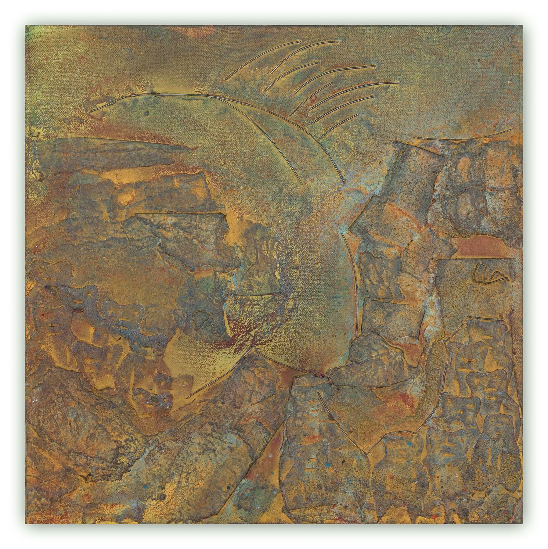 A painting of a fish on a piece of metal.