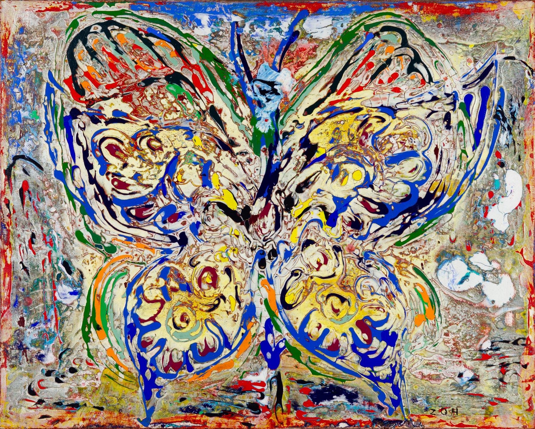 A painting of a colorful butterfly on a white background.