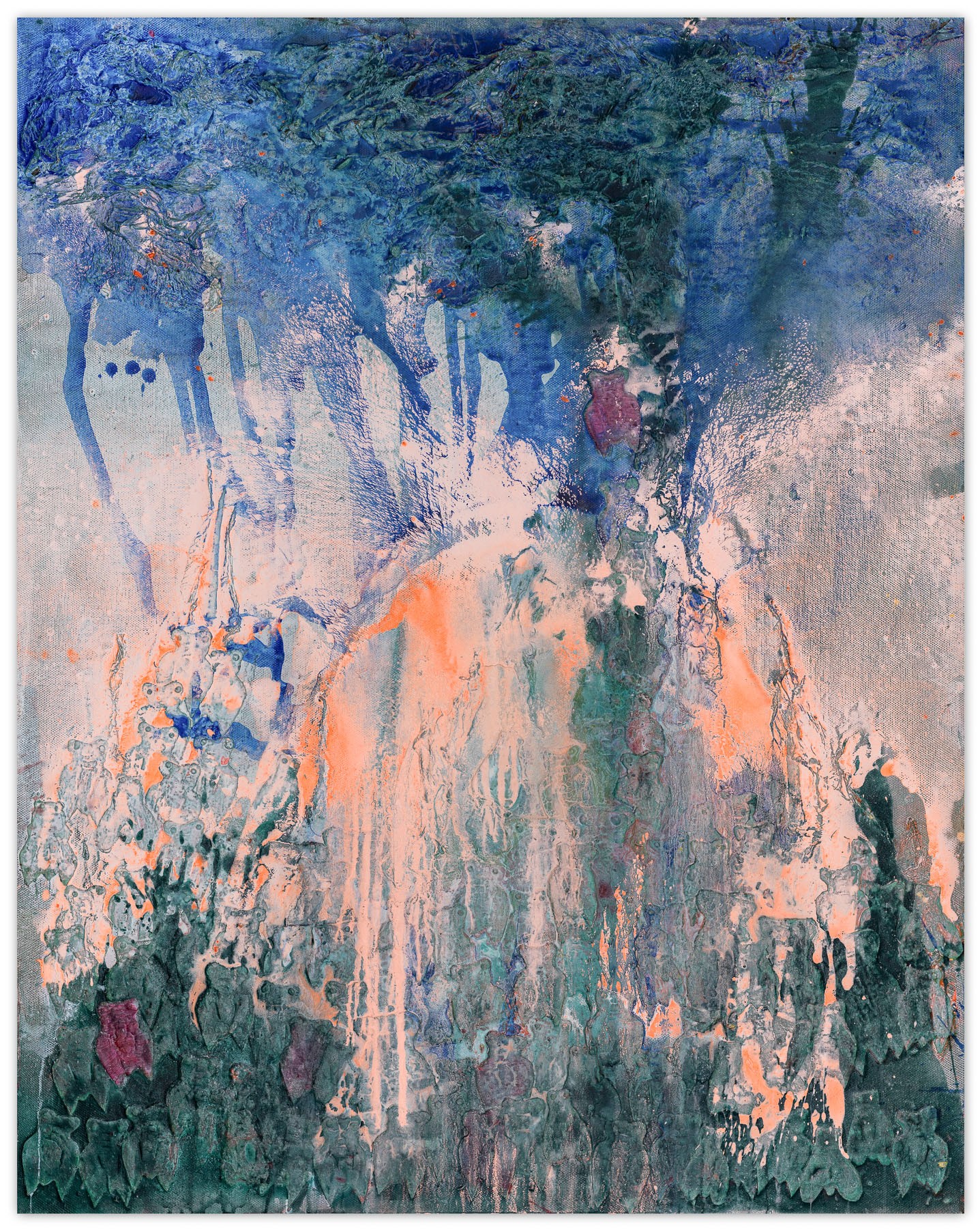 A painting with blue and orange paint splatters on it.