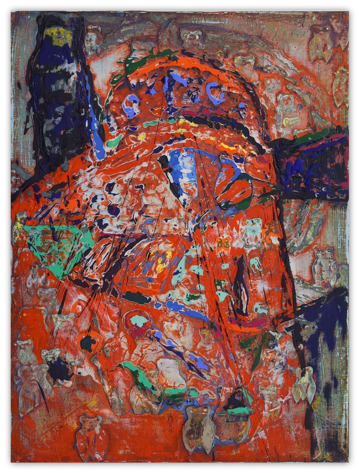 A painting of a red and blue abstract painting on a white background.