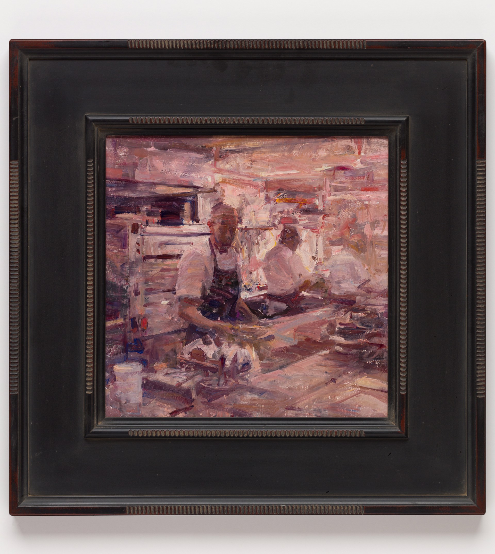 A painterly scene of a busy kitchen with figures in aprons.