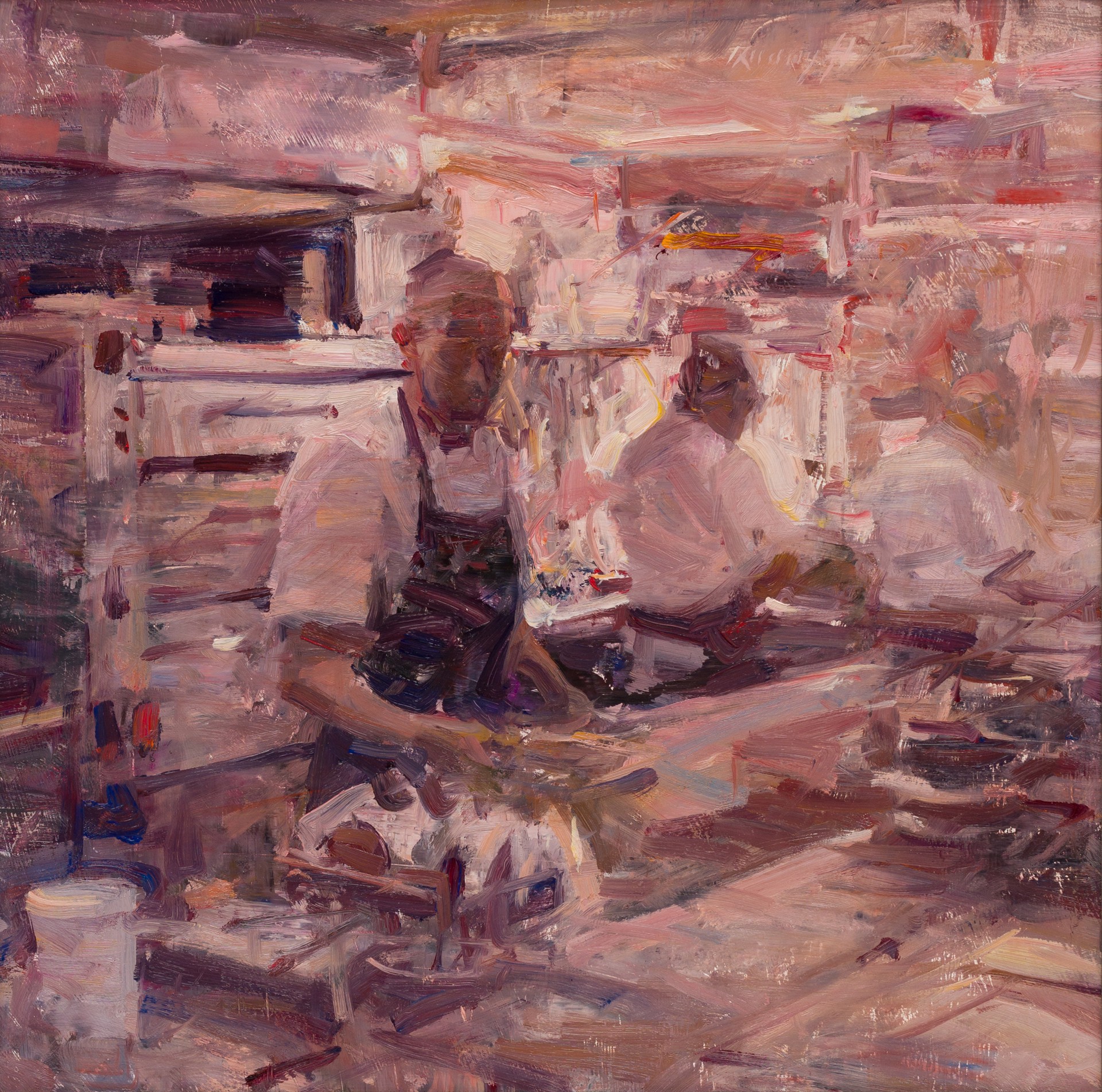 A painterly scene of a busy kitchen with figures in aprons.